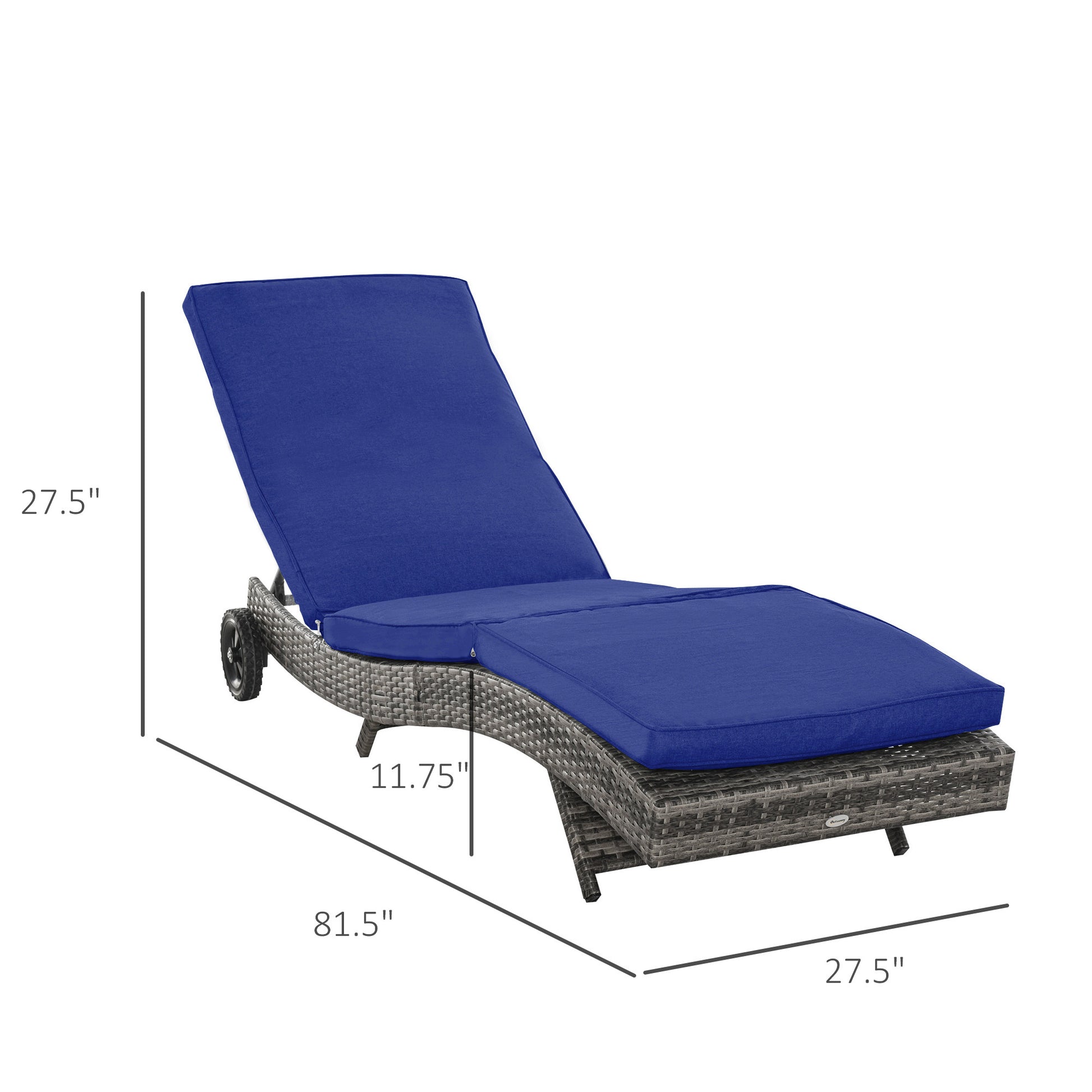 Outsunny Chaise Lounge Pool Chair, Outdoor Pe Rattan Cushioned Patio Sun Lounger W 5 Level Adjustable Backrest & Wheels For Easy Movement, Wicker, Dark Blue Blue Steel