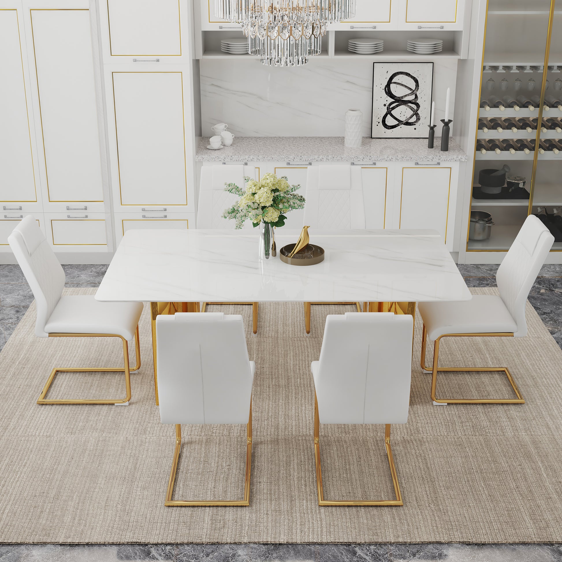 Table And Chair Set.The Table Has A Glass Tabletop With Imitation Marble Pattern Stickers And Stainless Steel Golden Table Legs. Paried With Comfortable Chairs With Pu Seats And Metal Legs. White