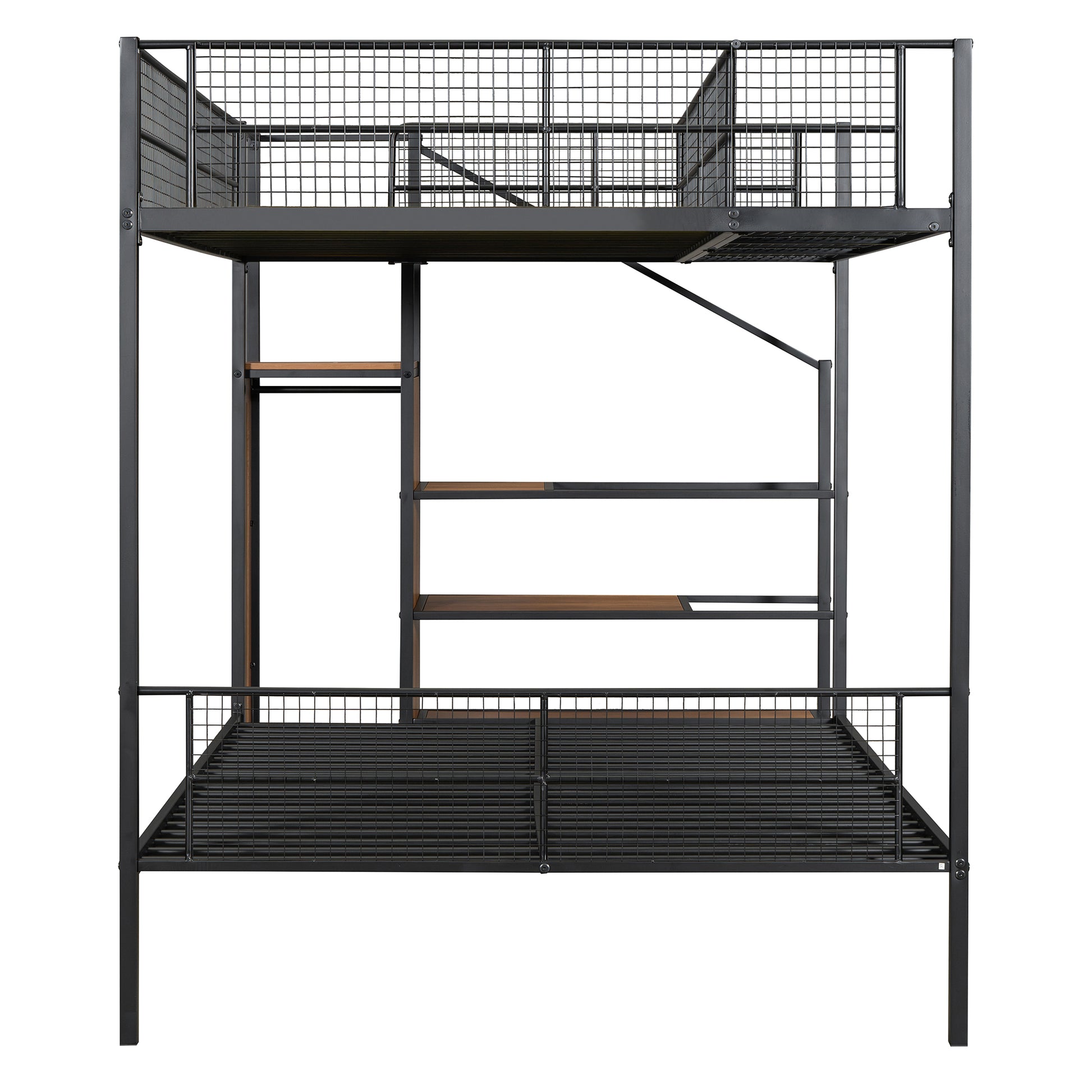 Twin Over Full Metal Bunk Bed With Wire Shelving And Lateral Storage Ladder And Wardrobe, Black Black Metal