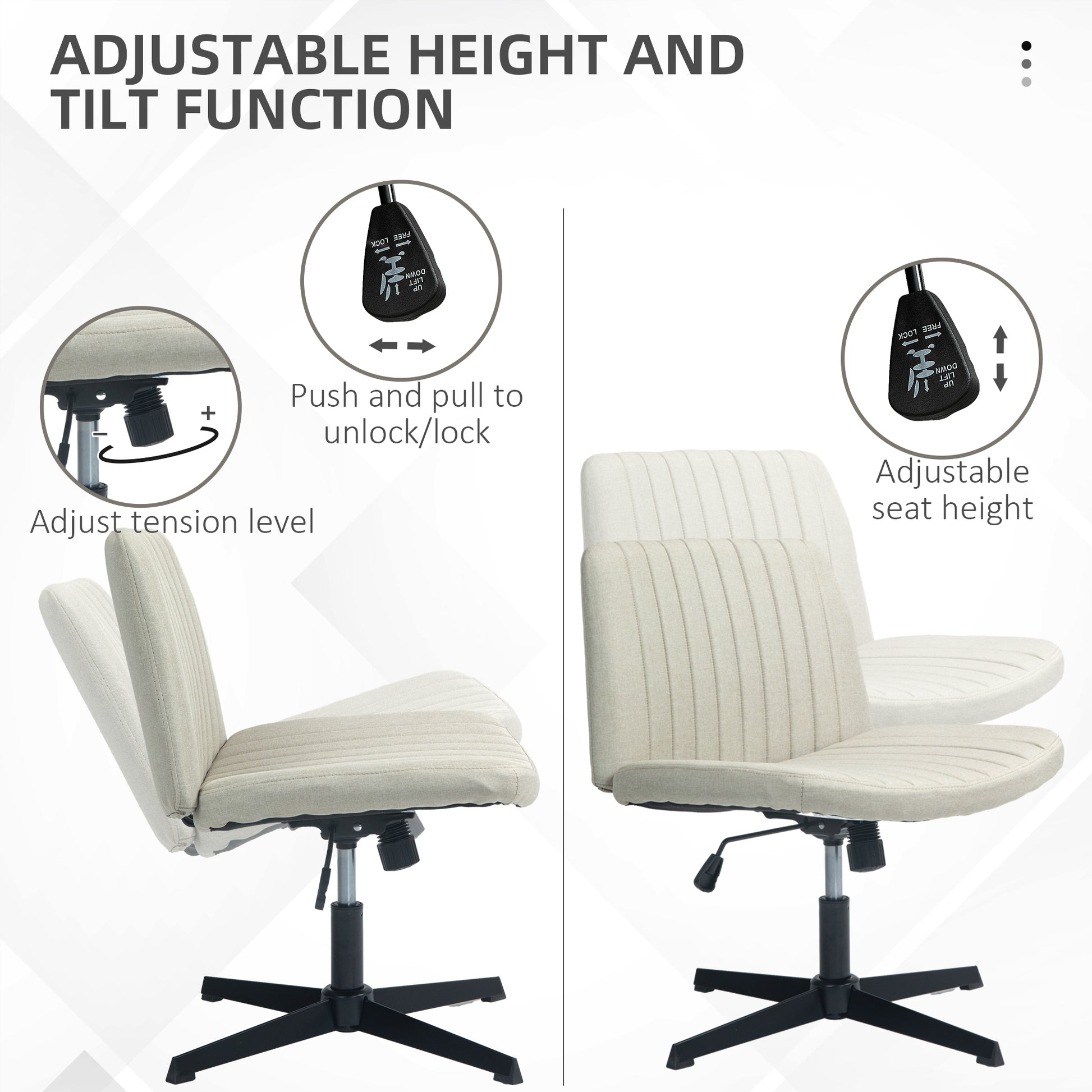 Homcom Wide Office Chair, Armless Office Desk Chair, Computer Fabric Vanity Chair With Adjustable Height, Beige Beige Polyester