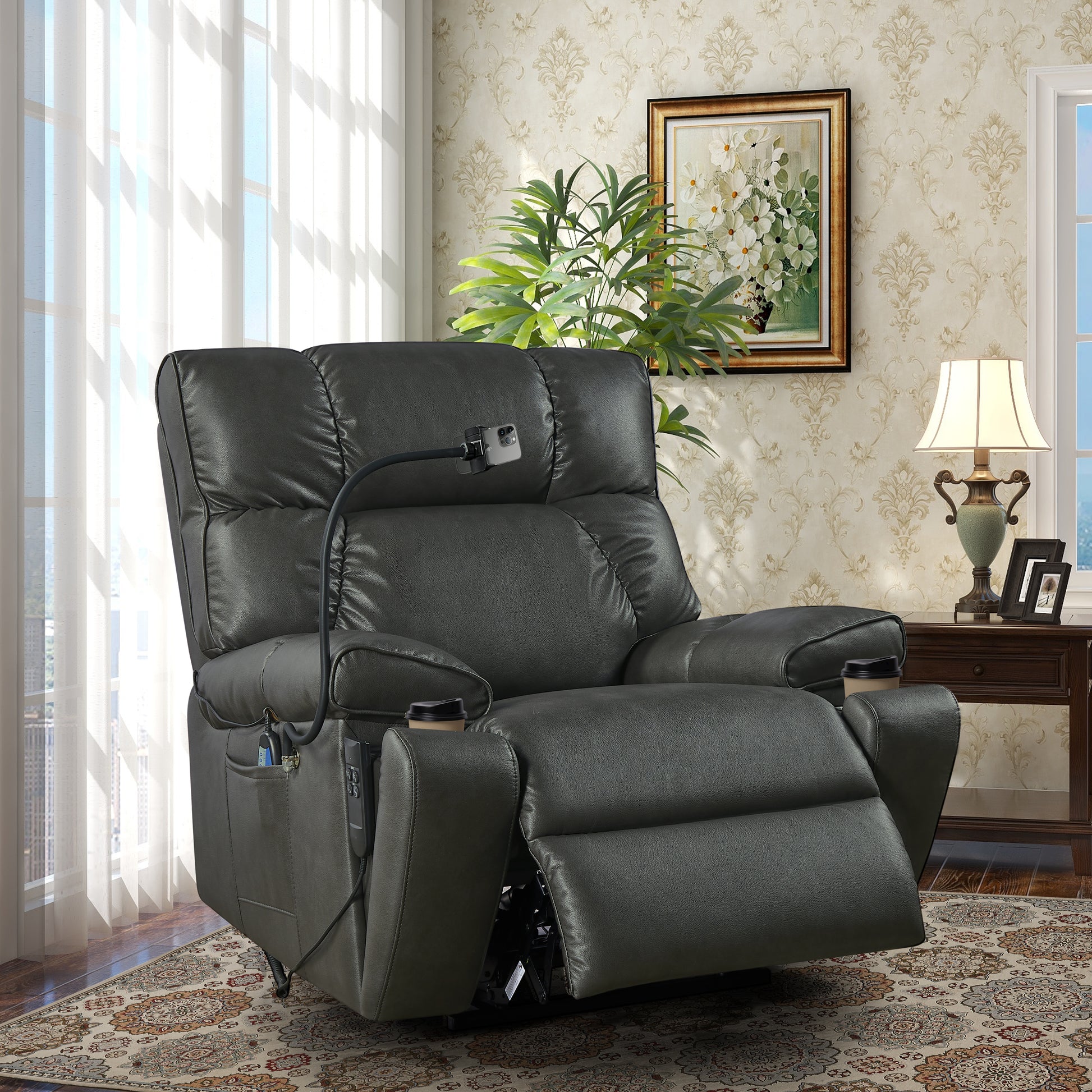 Recliner Chair With Phone Holder,Electric Power Lift Recliner Chair With 2 Motors Massage And Heat For Elderly, 3 Positions, 2 Side Pockets, Cup Holders Gray Foam Bonded Leather