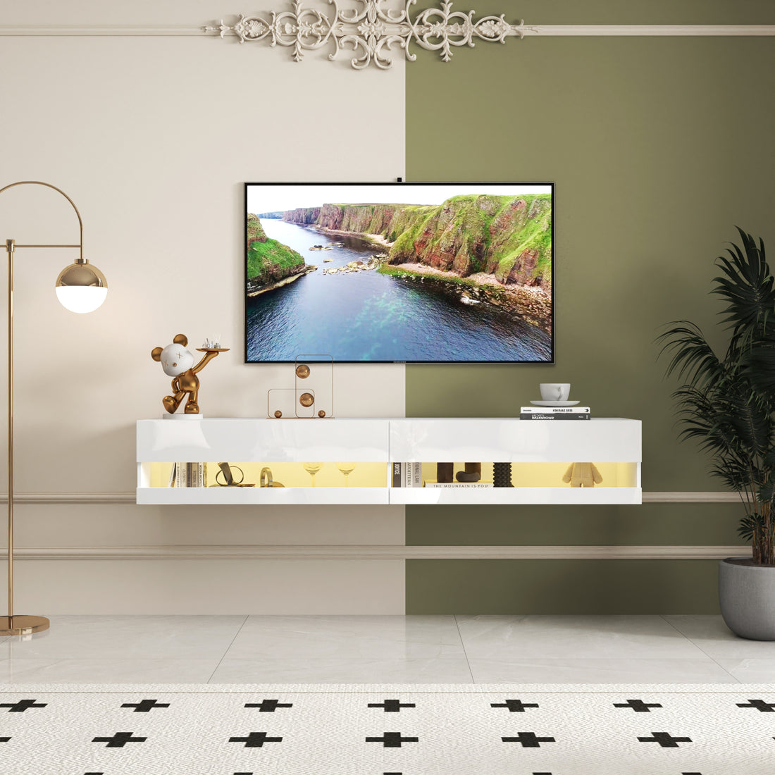 180 Wall Mounted Floating 80" Tv Stand With 20 Color Leds And Charging Station White 70 79 Inches Mdf