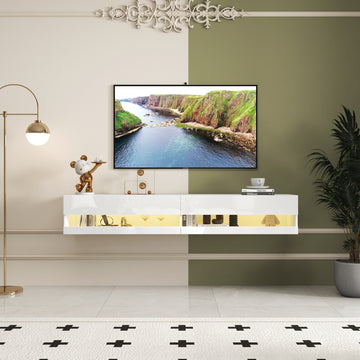 180 Wall Mounted Floating 80" Tv Stand With 20 Color Leds And Charging Station White 70 79 Inches Mdf