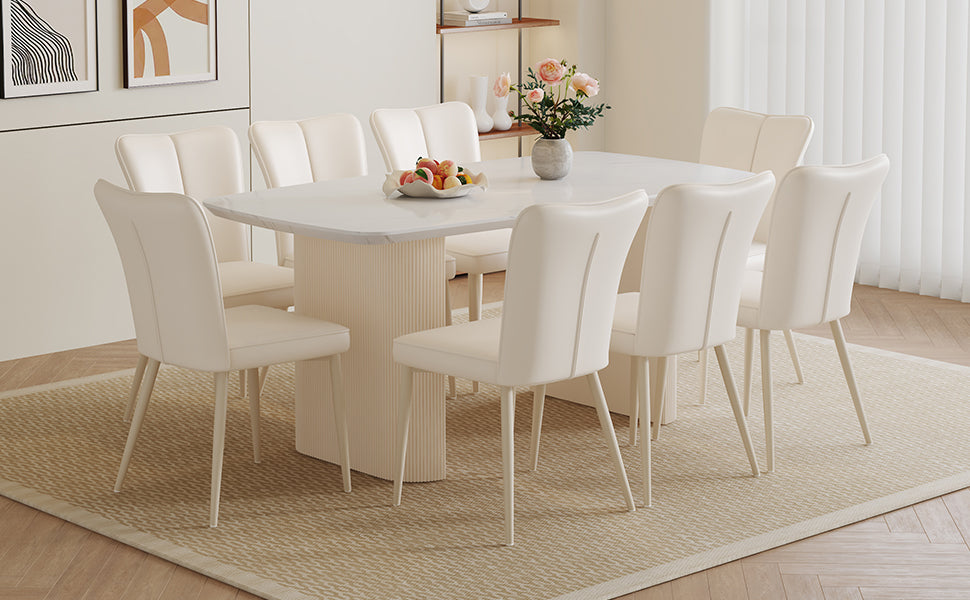 Table And Chair Set.67*35.4 Cream Style Mdf White Dining Table Set With 8 Cream Style Dining Chairs With A Vertical Line Design On Backrest.Adding A Warm And Gentle Atmosphere To Your Family. White