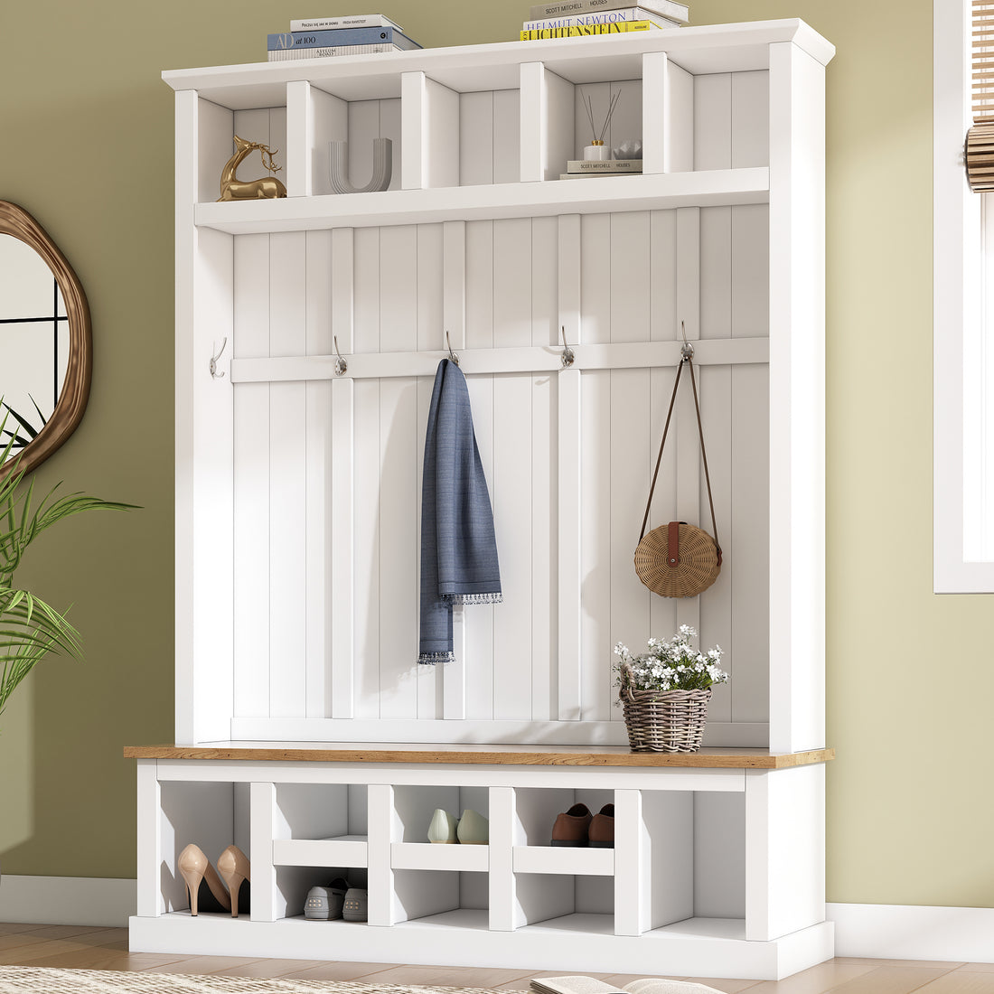 Farmhouse Wooden Style 78''H Modern Hall Tree With Wide Storage Seating Bench, Entryway Shoe Cabinet With 13 Compartments, Elegant Coat Rack With 6 Hooks For Mudroom, Living Room, White White Primary Living Space Particle Board