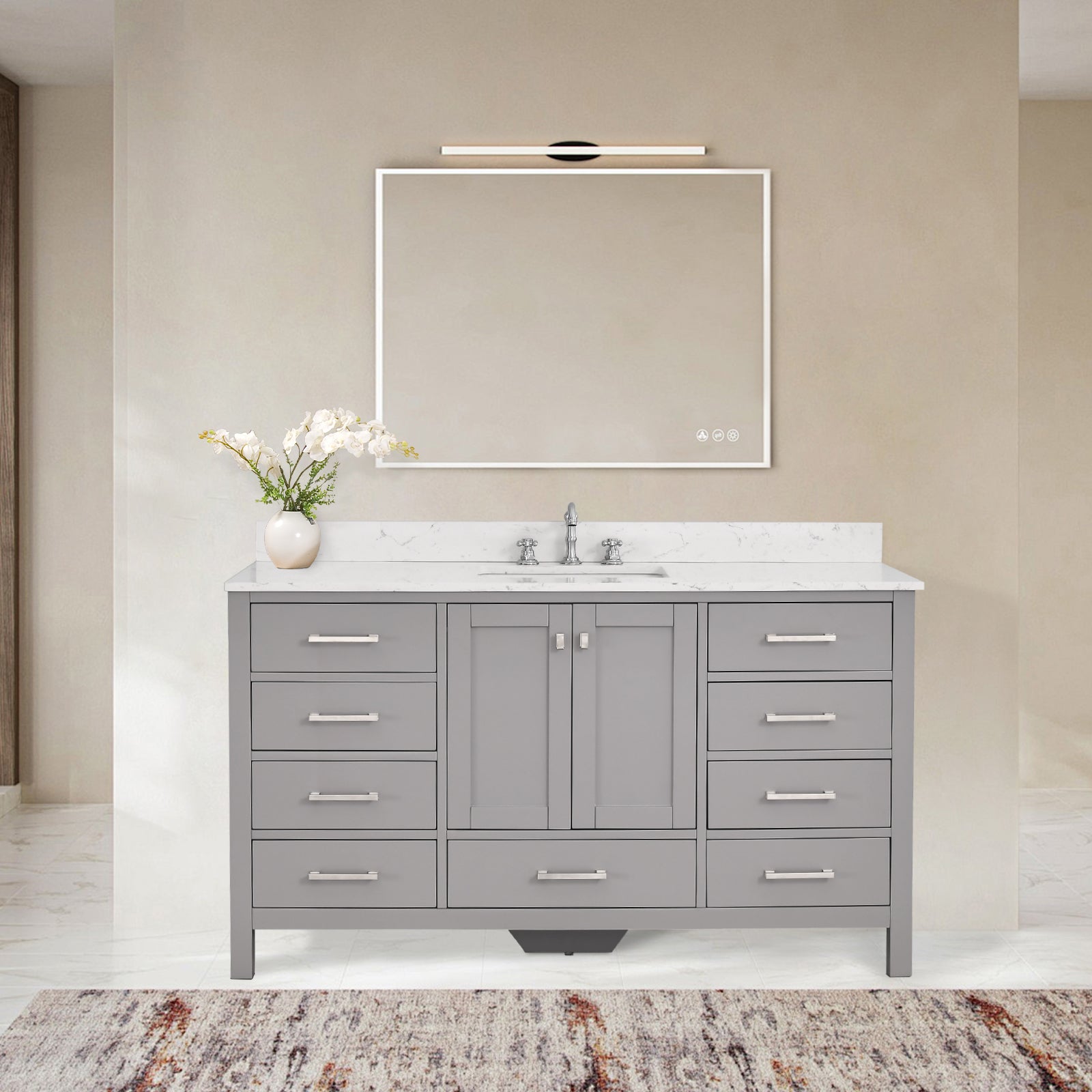 60"X 22" Bathroom Stone Vanity Top Engineered Color With Undermount Ceramic Sink And 3 Faucet Hole With Backsplash White Stone