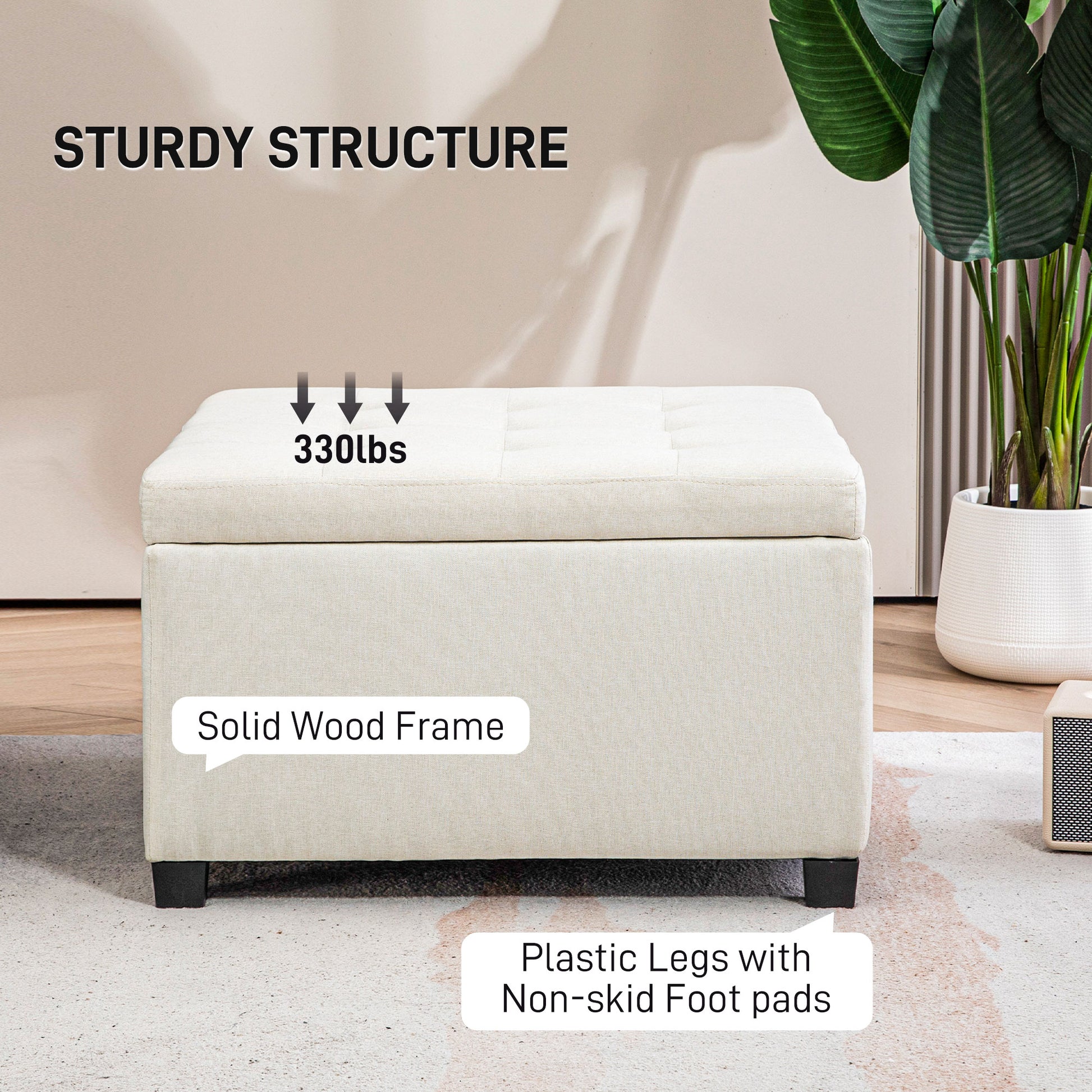 Homcom Fabric Tufted Storage Ottoman With Flip Top Seat Lid, Metal Hinge And Stable Eucalyptus Wood Frame For Living Room, Entryway, Or Bedroom, Beige Beige Polyester