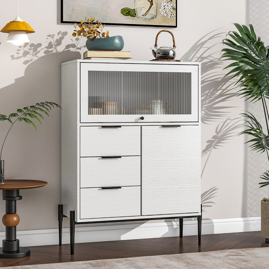 Sideboard With 3 Drawers ,1 Door And 1 Glass Door Wood Cabinet With Storage For Kitchen, Dining Room, Hallway 33.46" X 15.74" X 47.2" 5 Or More Spaces White White Glass Doors Modern Particle Board