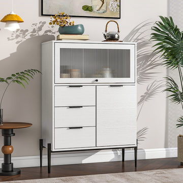 Sideboard With 3 Drawers ,1 Door And 1 Glass Door Wood Cabinet With Storage For Kitchen, Dining Room, Hallway 33.46" X 15.74" X 47.2" 5 Or More Spaces White White Glass Doors Modern Particle Board