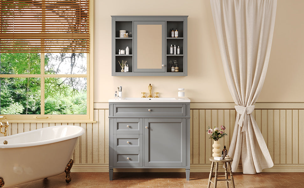 36'' Bathroom Vanity With Medicine Cabinet, Royal Blue Mirror Cabinet, Modern Bathroom Storage Cabinet With 2 Soft Closing Doors And 4 Drawers, Single Sink Bathroom Vanity 4 Grey 2 5 Bathroom Wall Mounted Solid Wood Mdf Resin Painted