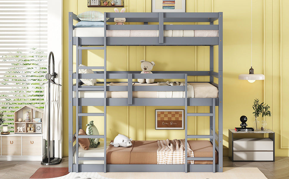 Triple Rubber Wood Bunk Bed With Two Built In Ladders, Guardrails, Twin Over Twin Over Twin, Detachable Triple Twin Bunk Bed,Grey Twin Grey Bedroom American Design Bed Frame Rubber Wood