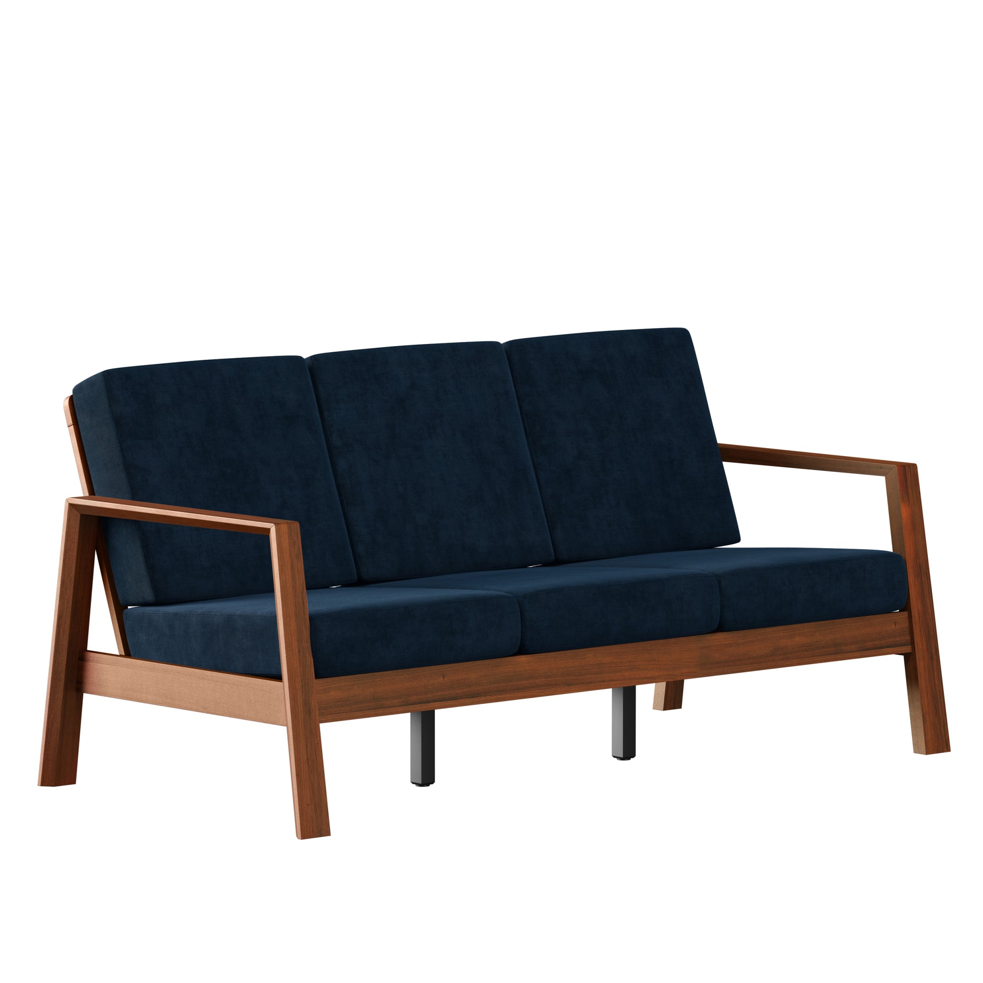 The Pali Sofa Navy Brown Velvet Wood Mid Century Modern Polyester 3 Seat