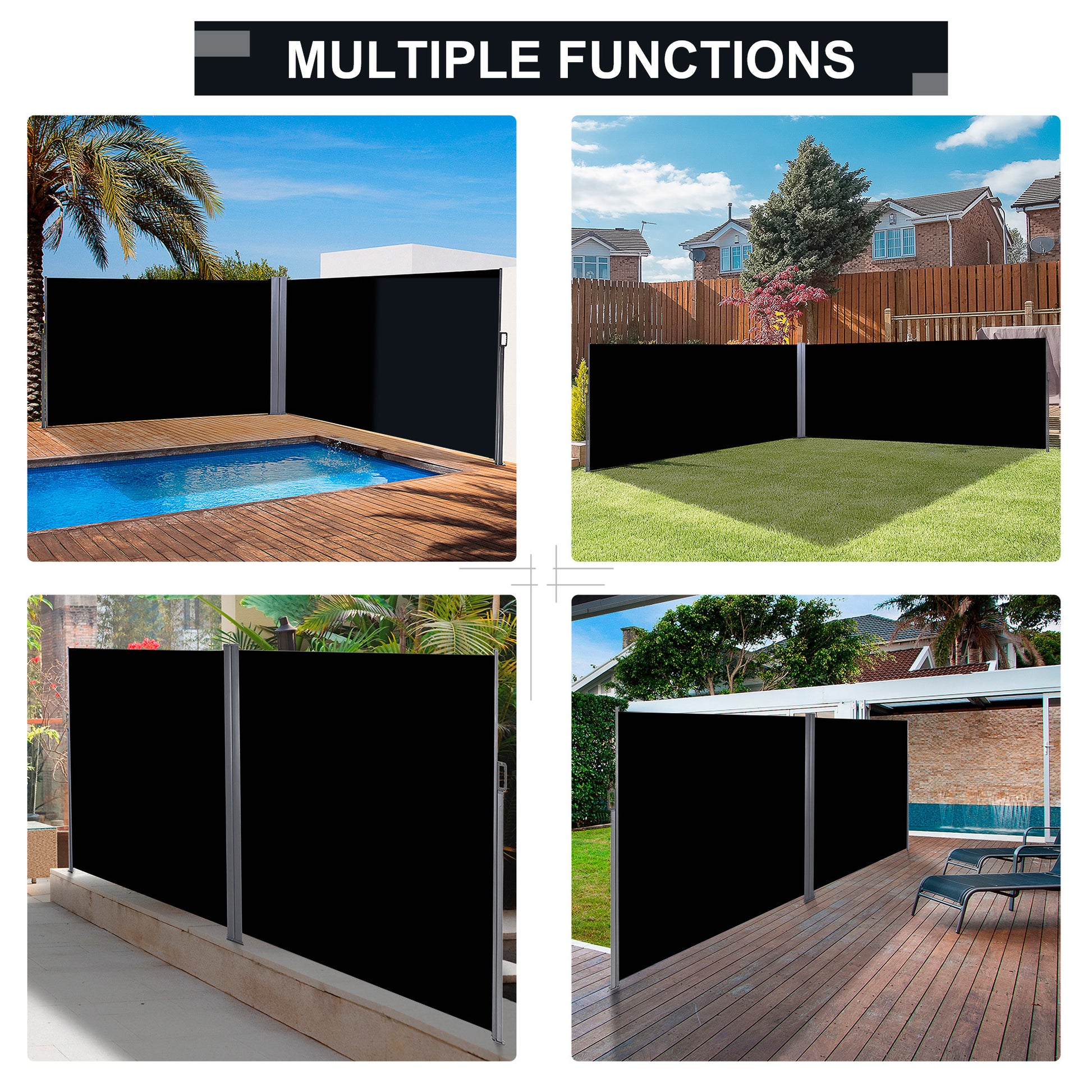 Outsunny 20' Double Retractable Patio Side Awning Garden Sun Shade With Uv Fighting Screen, Auto Pull Back Function, & Steel Frame, Outdoor Or Indoor Use, Black Black Polyester