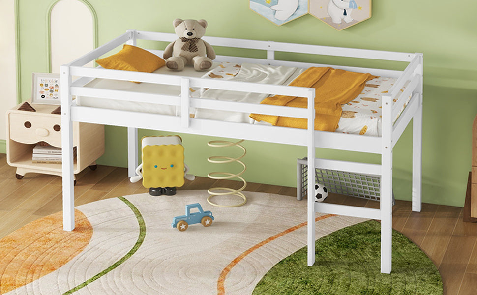 Solid Wooden, Rubber Wooden Twin Loft Bed With Ladder, Bed Platform Of Strengthened Slatswhite Twin White Rubber Wood