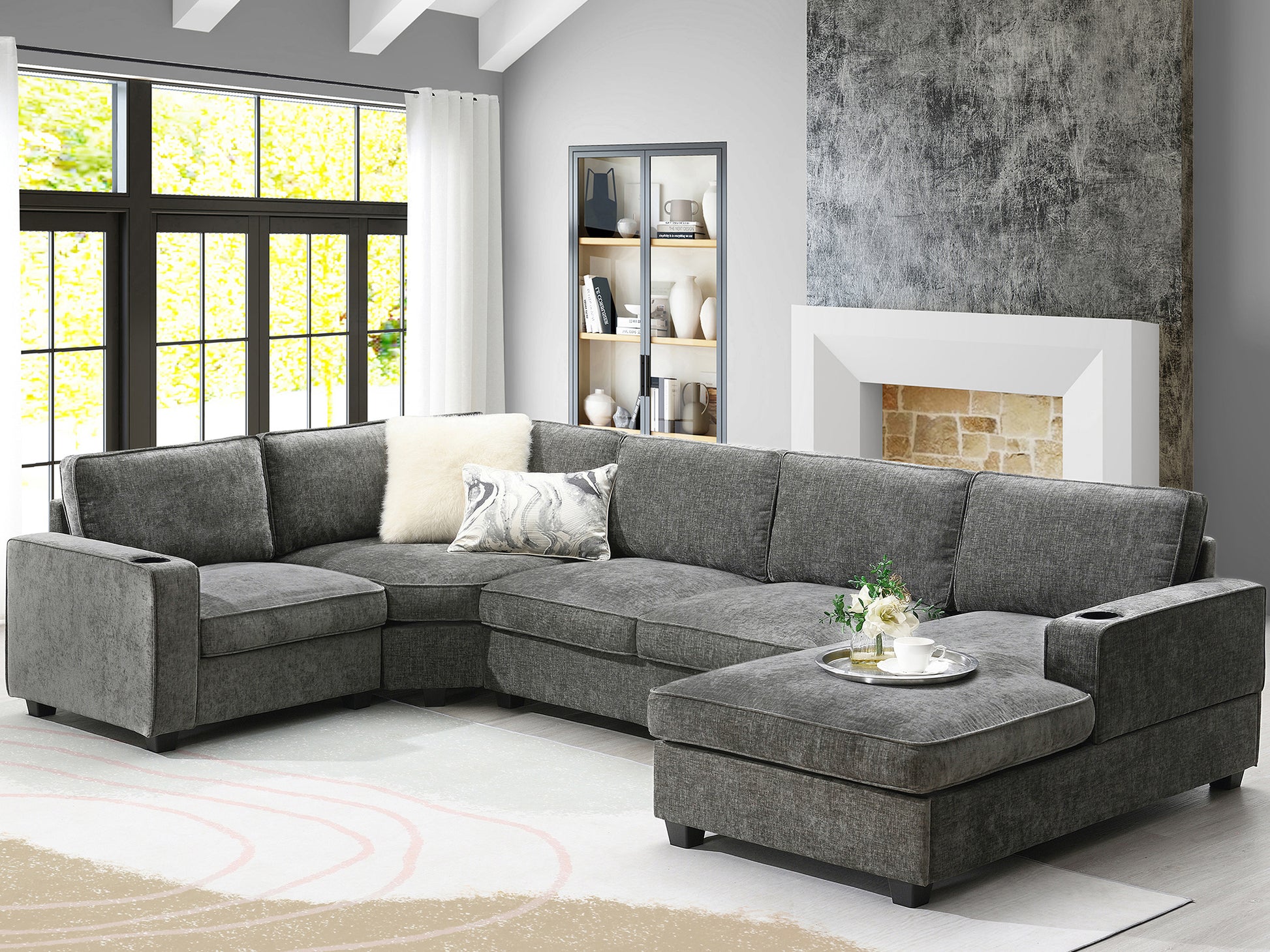 119*67" U Shaped Sectional Sofa,6 Seat Chenille Couch Set With Oversized Chaise Lounge,Irregular Corner,Deep Seat Comfy Sofa With Cup Holders For Living Room,Apartment,2 Colors Dark Gray Chenille 6