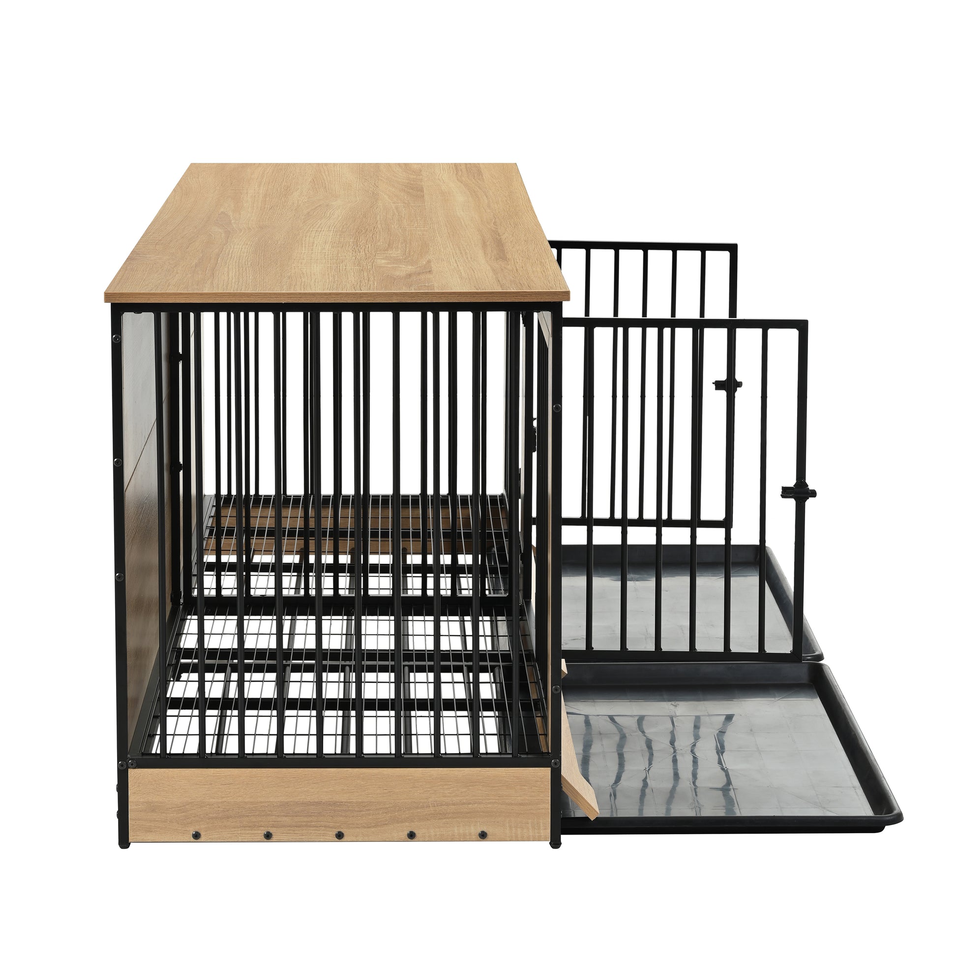 Dog Crate Furniture With Two Combined Room, Xl Large Double Dog Cage Furniture With Tray For Medium Large Dogs, Wooden Dog Kennel Furniture Black Natural Mdf Iron