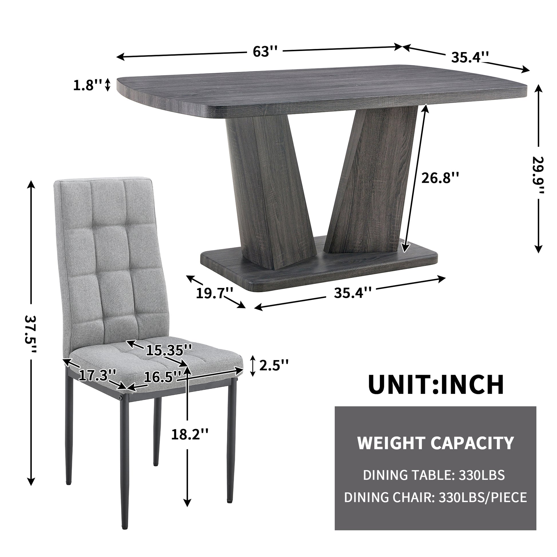 Modern Dining Table, Dining Room Table With 63" Rectangle Top And V Shape Mdf Base, Kitchen Dining Table For Kitchen Living Dining Room Gray Dining Room Modern Rectangular Mdf