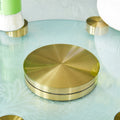 Double Layer Rotatable Round Glass.Golden Aluminum Plate,The Rotatable Design Makes It Convenient To Retrieve And Place Items.The Upper Glass Has A Diameter Of 24 Inches, The Lower Glass15 Inches.