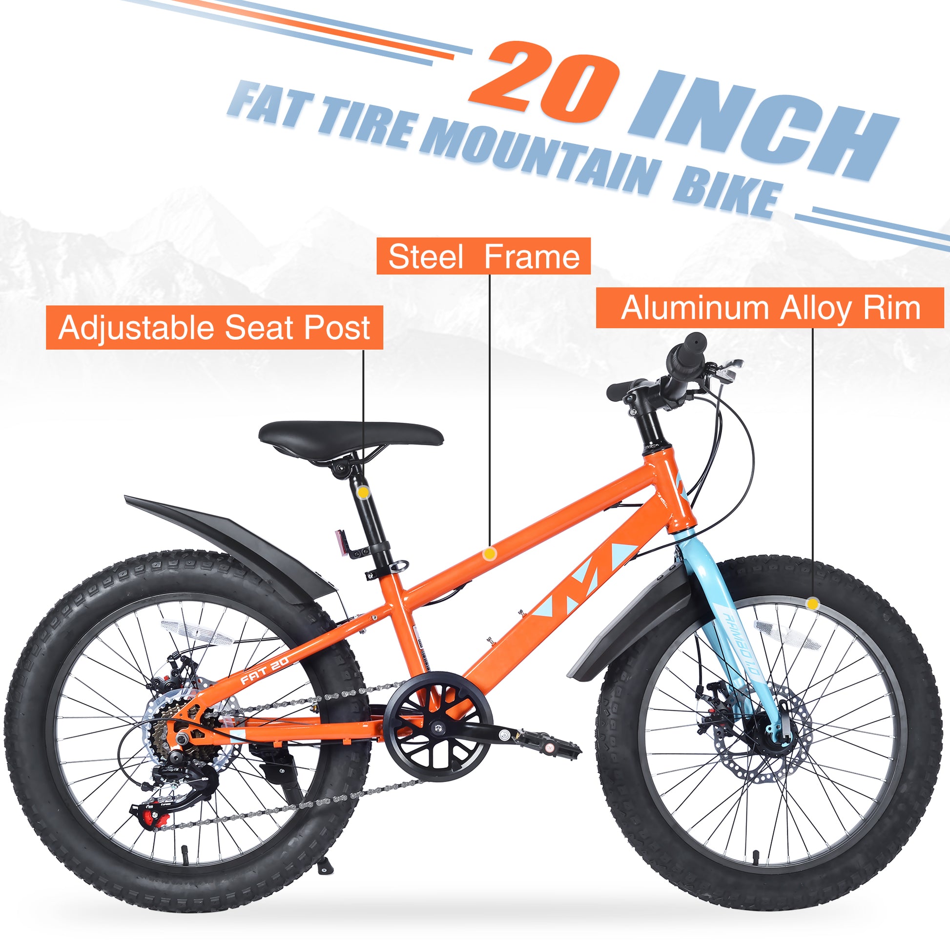 20 Inch Kids Bicyclesfat Tire Mountain Bike For Boys And Girls Age 5 Years ,Dual Disc Brake,Shimano 7 Speed ,Kids Beach And Snow Bicycle Orange Garden & Outdoor Steel