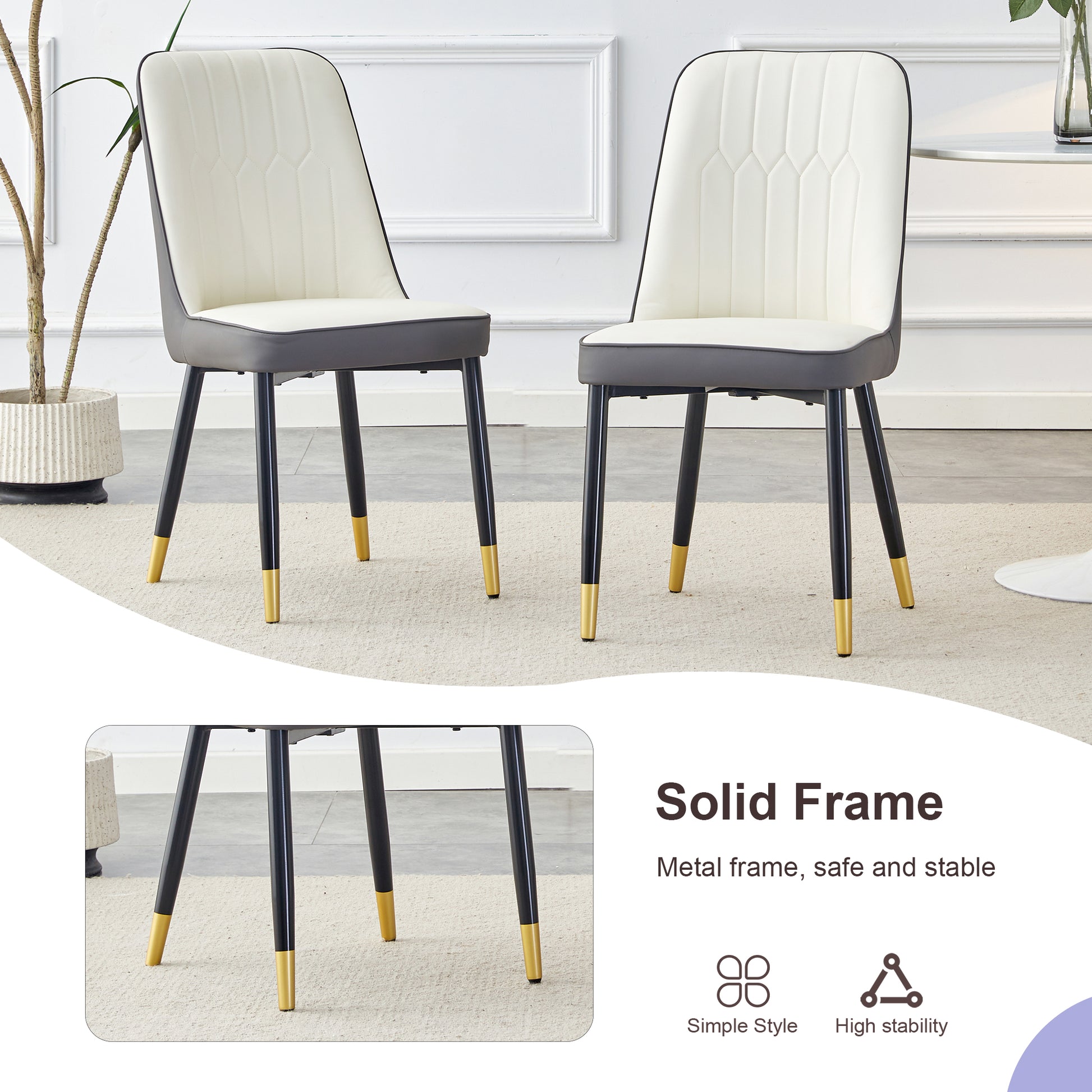 Table And Chair Set.Modern Extendable Mdf Dining Table.The Table Has A Telescopic Design, Suitable For Gatherings Of Different Size.Paired With 6 Chairs With Pu Cushions And Black Metal Legs. Dark Gray,White Seats 6 Mdf Metal