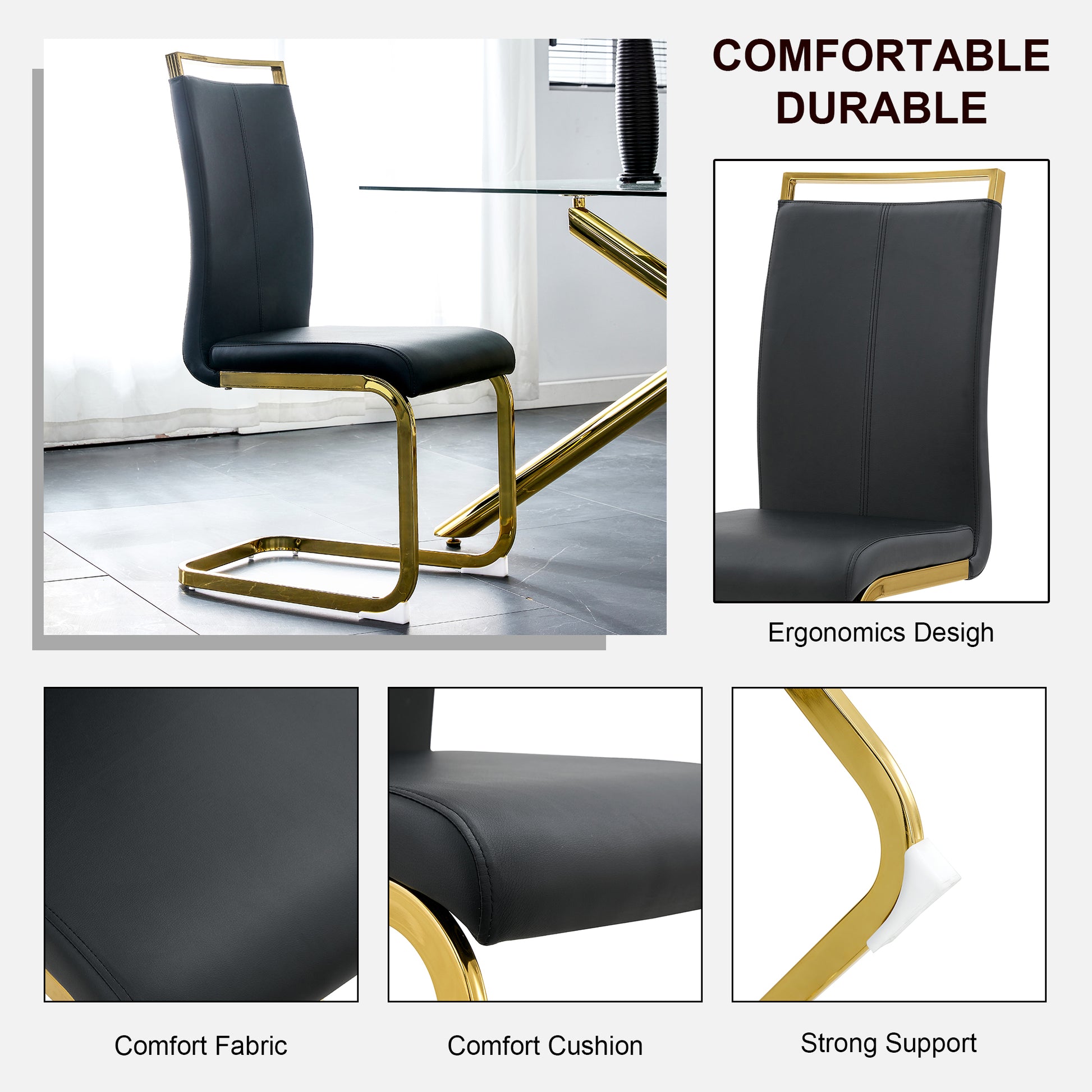 Table And Chair Set, The Table Is Equipped With A Marble Patterned Mdf Tabletop And Gold Table Legs.The Chair Is Equipped With Pu Synthetic Leather High Back Cushion And Gold Coated Metal Legs. Gold Black Seats 4 Mdf Metal