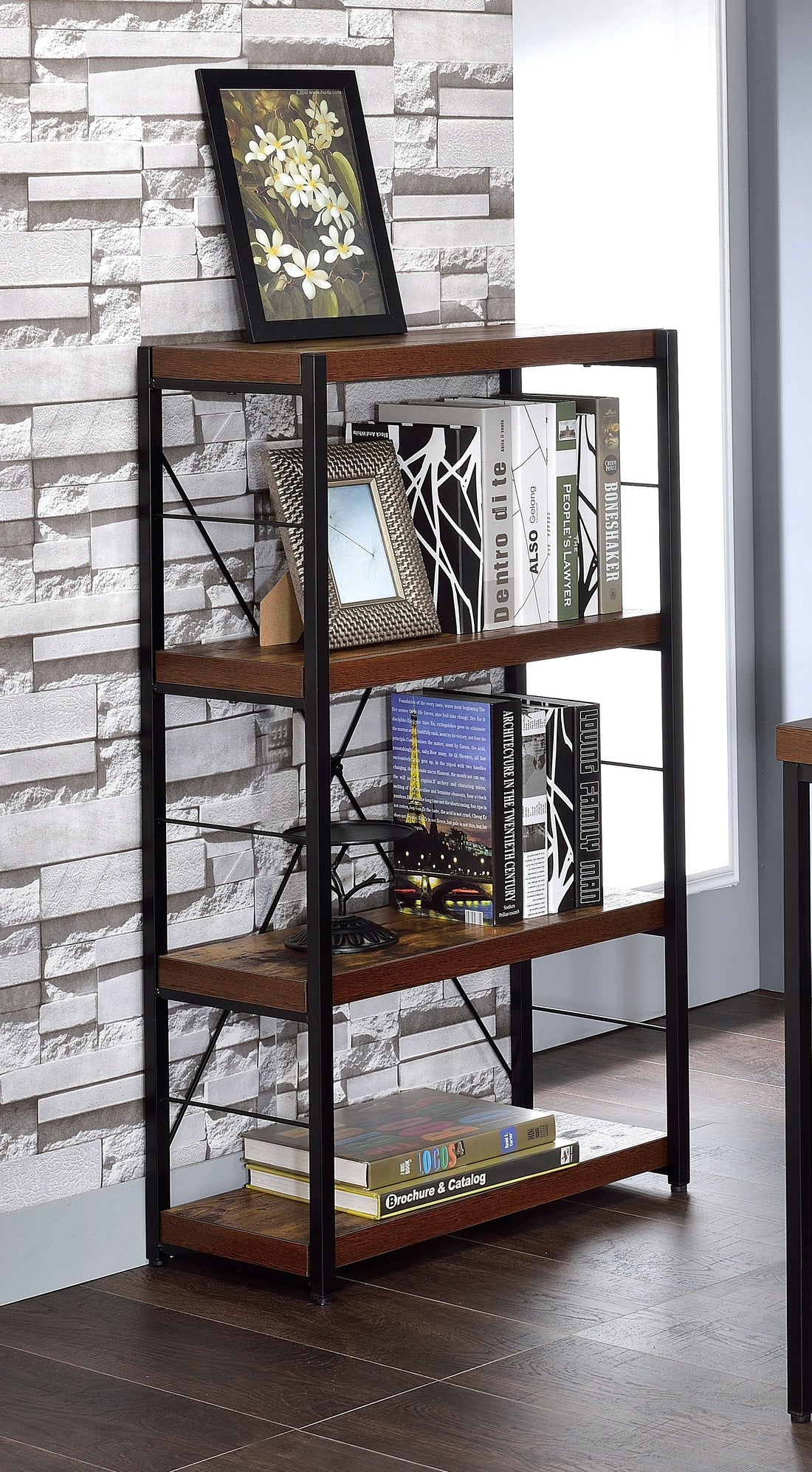 Weathered Oak And Black 3 Shelf Bookcase 4 Black Brown Horizontal Primary Living Space Open Back Wood Metal