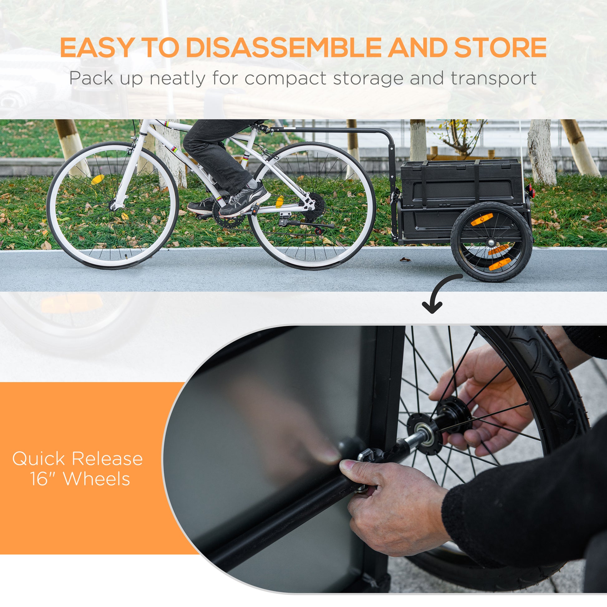 Aosom Bike Cargo Trailer, Bicycle Trailer Wagon Cart With Removable Storage Box, Quick Release 16" Wheels And Safe Reflectors, Galvanized Bottom Black Steel
