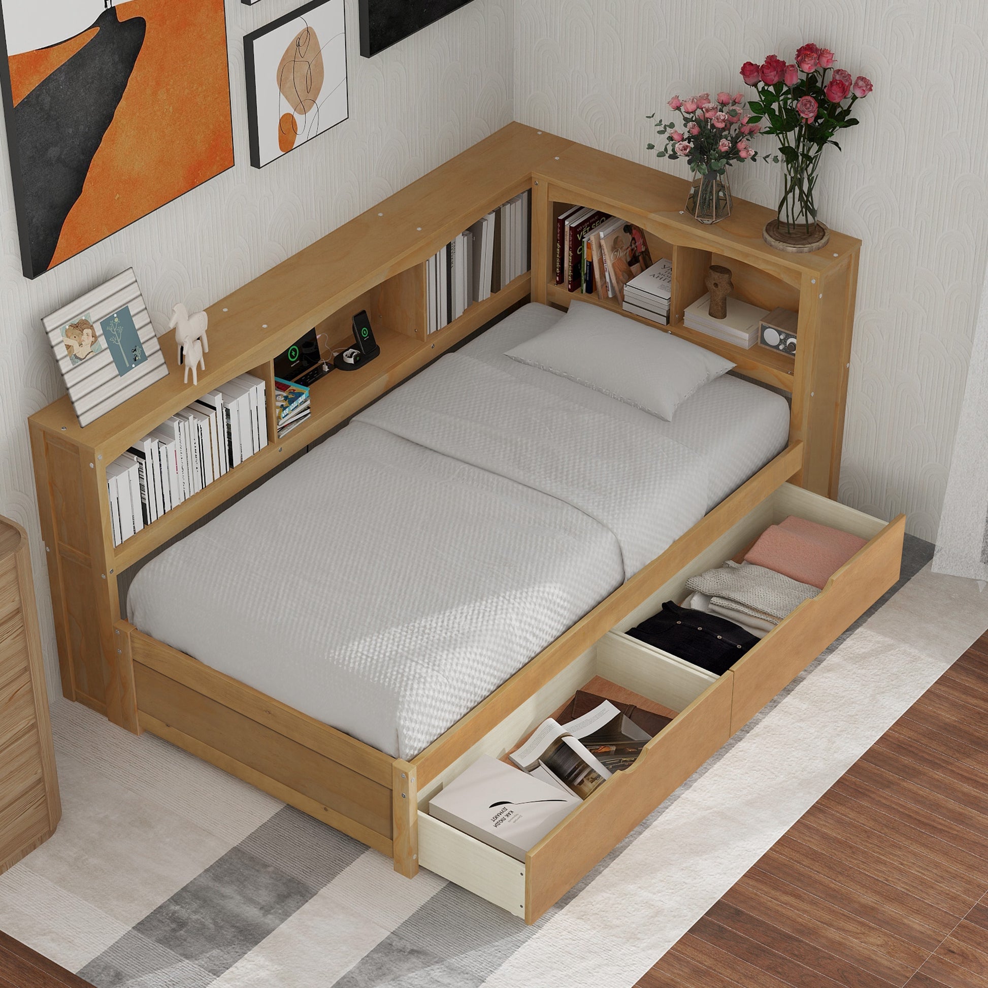 Twin Size Daybed With Two Storage Drawers, Storage Cabinets And Usb Ports, Wood Color Twin Wood Solid Wood Mdf