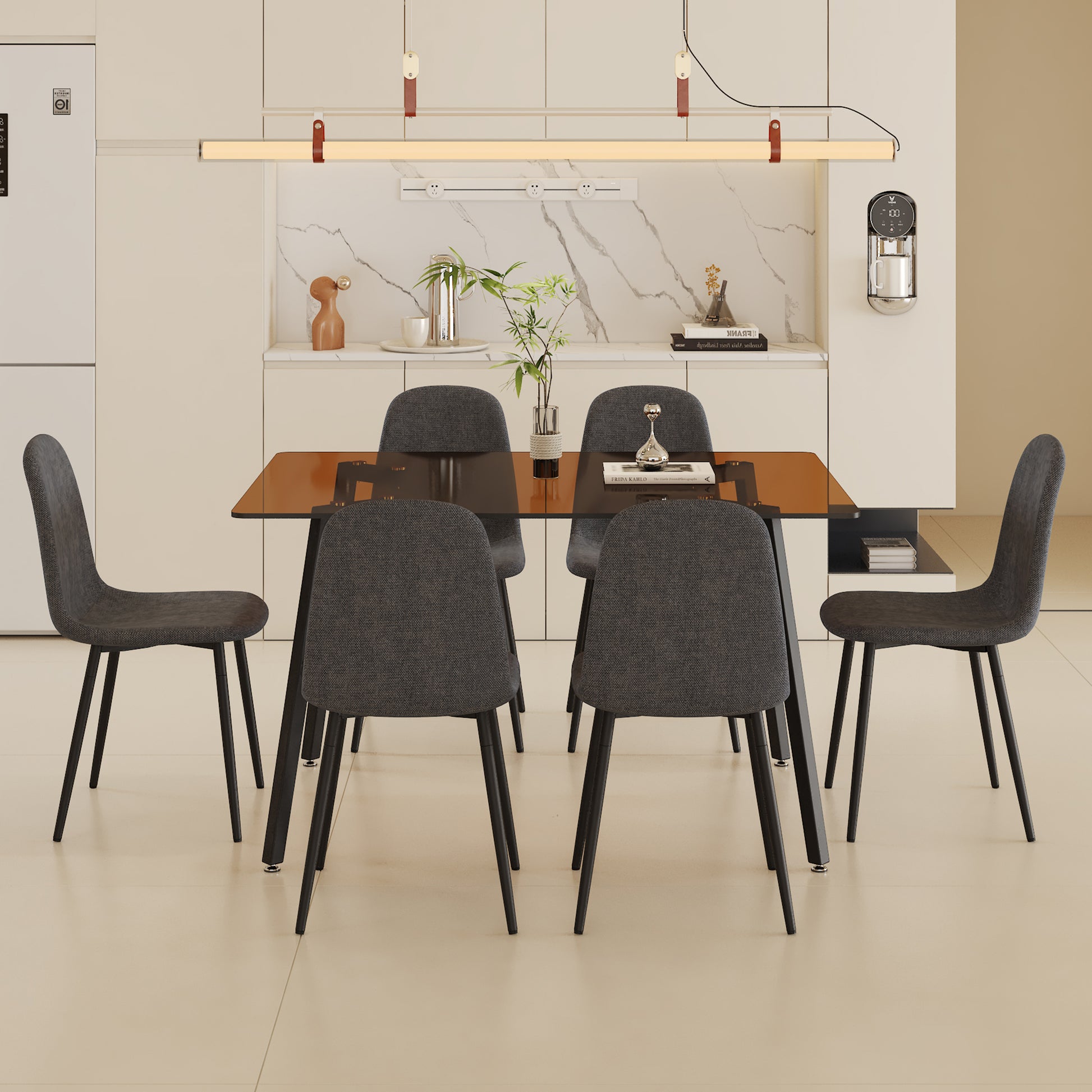 Table And Chair Set.Large Modern Rectangular Table With Brown Glass Top And Silver Metal Legs. Paired With 6 Dark Gray Chairs With Soft Linen Fabric Cushions And Black Metal Legs. Dark Gray,Silver Seats 6 Glass Metal