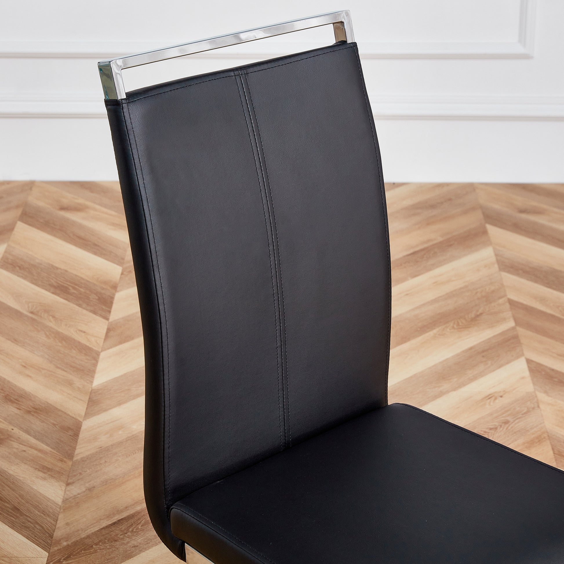 Table And Chair Set. Large Modern Rectangular Table With Glass Top And Silver Metal Legs. Furnished With Soft And Comfortable Pu Chairs With Faux Leather Upholstered Seats And Silver Metal Legs. Black Silver Seats 8 Glass Metal