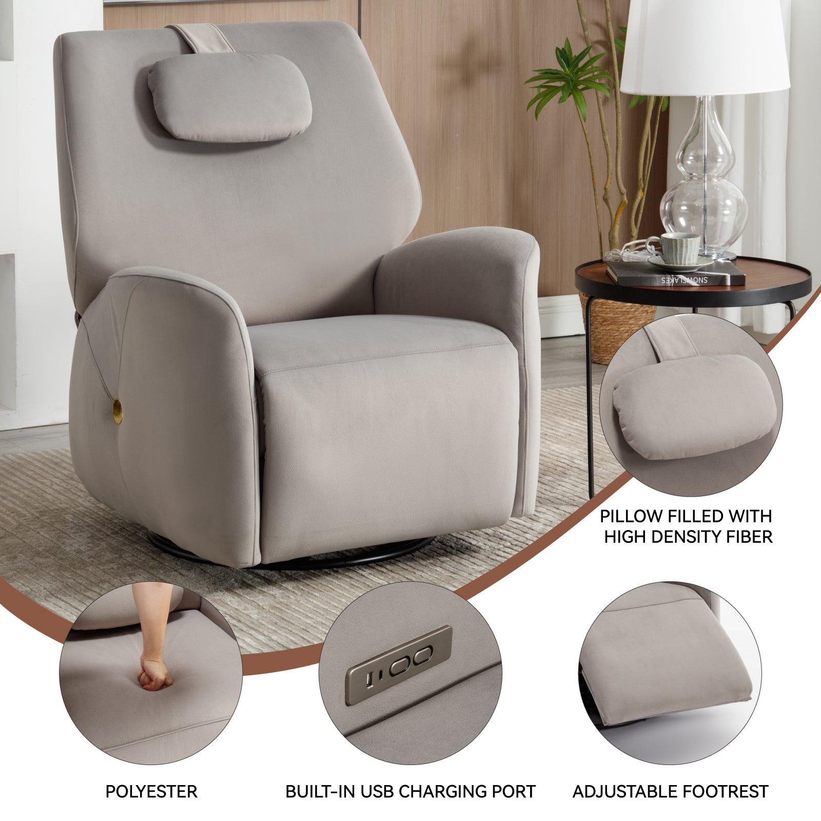 Grey Swivel And Rocker Power Recliner Chair With Lumbar And Neck Support Pillow, Max Swivel Degree 270 , Heavy Duty Motion Mechanism With Usb And Type C Ports Grey Polyester Power Push Button Metal Primary Living Space Medium Firm Tight Back Heavy Duty