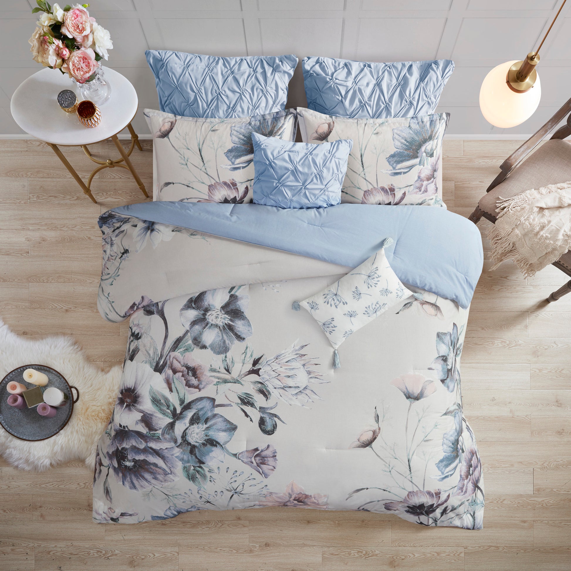 8 Piece Cotton Printed Comforter Set Blue Queen Queen Blue Polyester