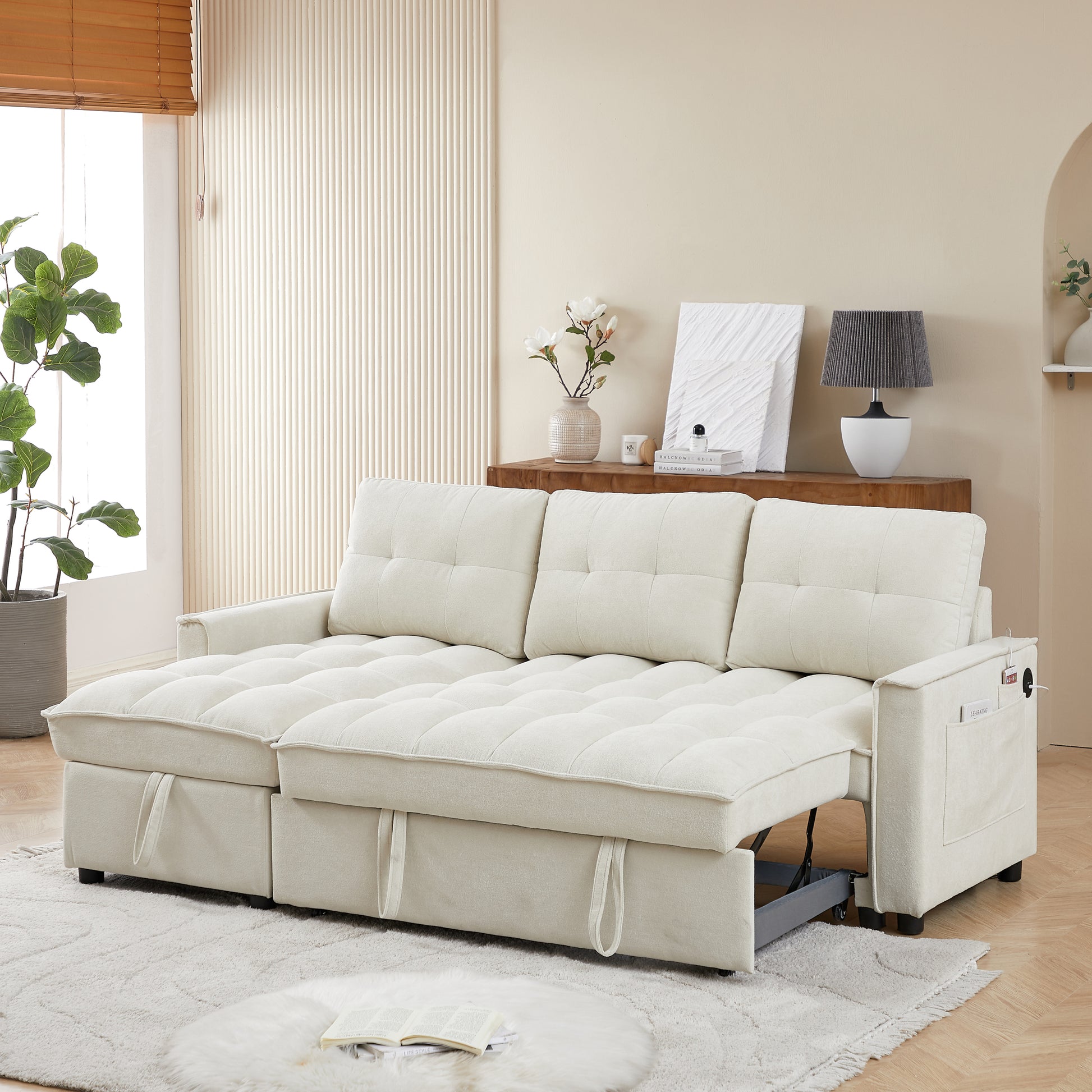 Mh 78.75" Reclining Sofa, Pull Out Sofa Bed With Usb And Tape C Charging Ports, L Shaped Sectional Sofa With Reclining Storage And Arm Side Organizer Pocket Features, Living Room Comfort Sofa Beige Chenille Wood Primary Living Space Eucalyptus Foam