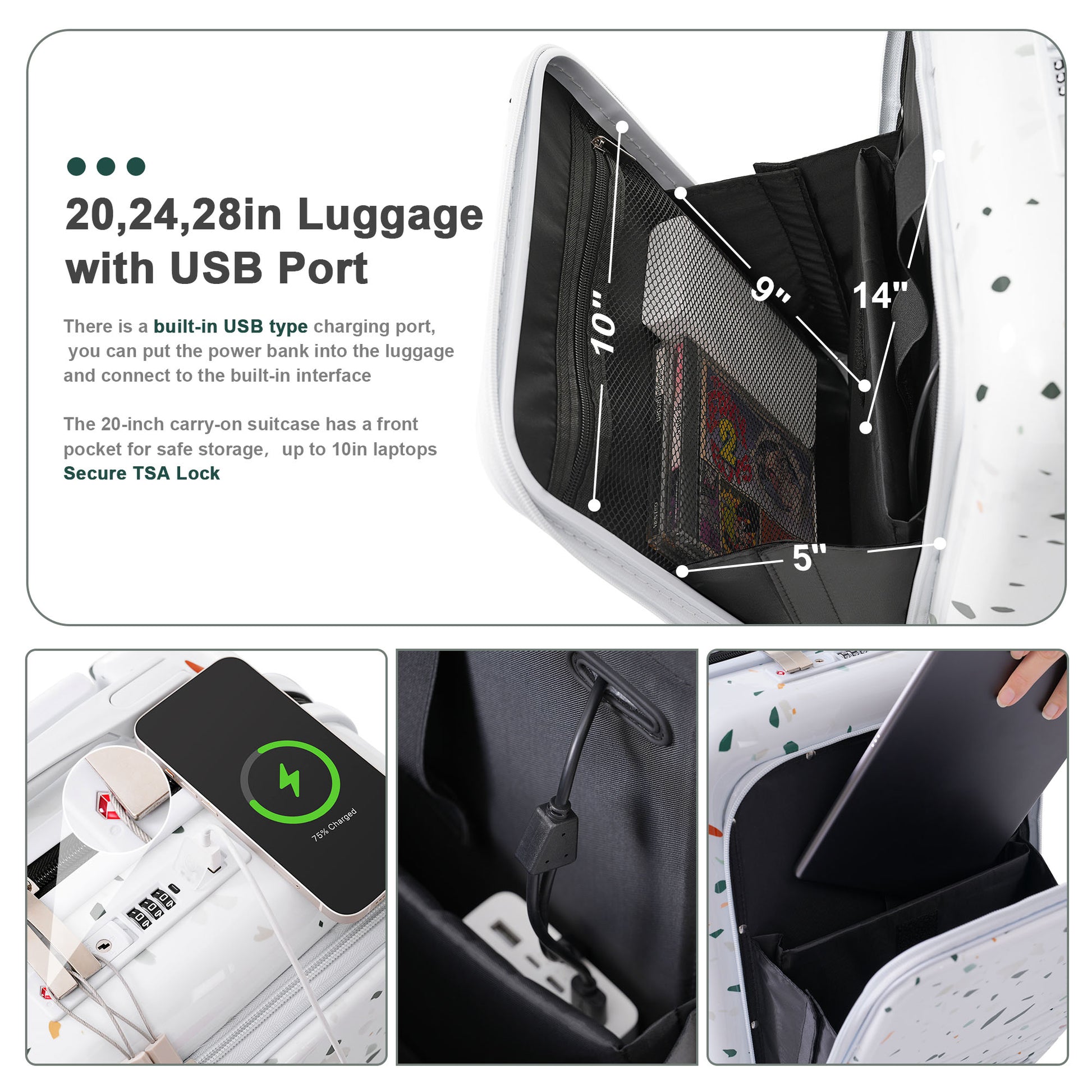 Luggage Set Of 3, 20, 24, 28Inch With Usb Port, 20, 24Inch With Front Opening Design Airline Certified Carry On Luggage With Cup Holder, Abs Pc Hard Shell Luggage With Spinner Wheels, Starry Sky