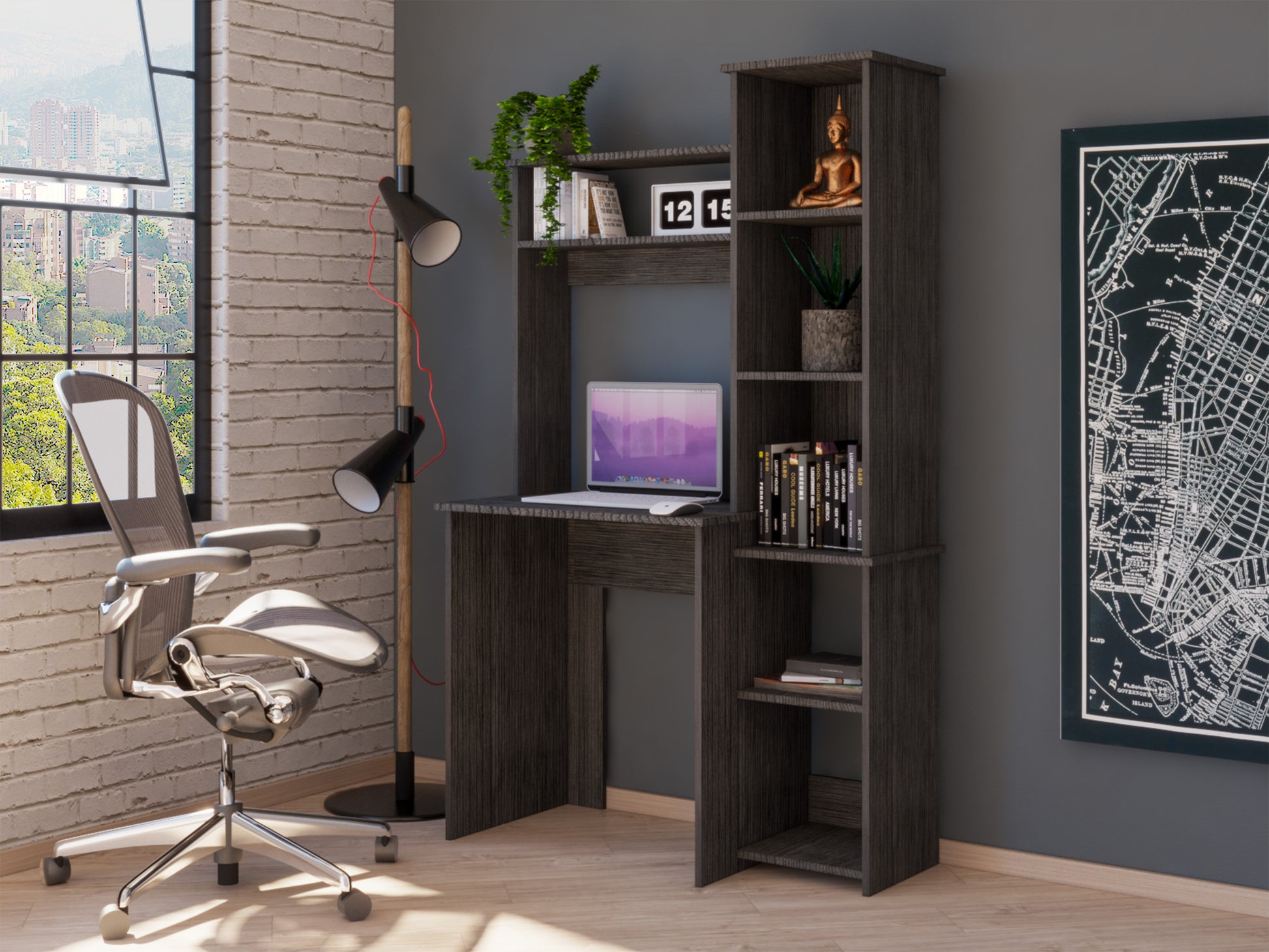 Aramis Desk, Five Shelves, Two Superior Shelves, Smokey Oak Gray Particle Board Particle Board