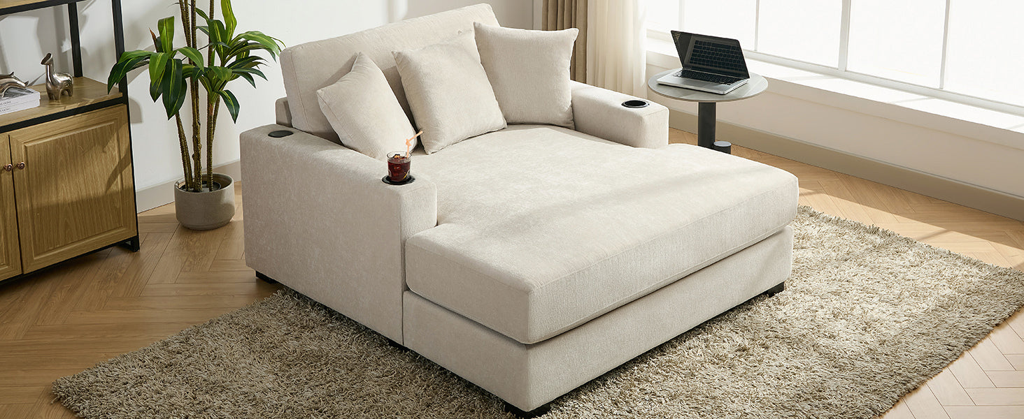 55" Oversized Chaise Lounger Modern Style Sofa Couch ,With Pillows, Charge Station & Cup Holders, Chenille Fabric, Cream Cream Chenille