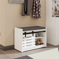 Modern Shoe Storage Bench, 2 Tier Entryway Bench With Sliding Barn Door & 2 Adjustable Shelves & Full Soft Removable Seat Cushion For Entryway, Hallway, Bedroom White White Mdf