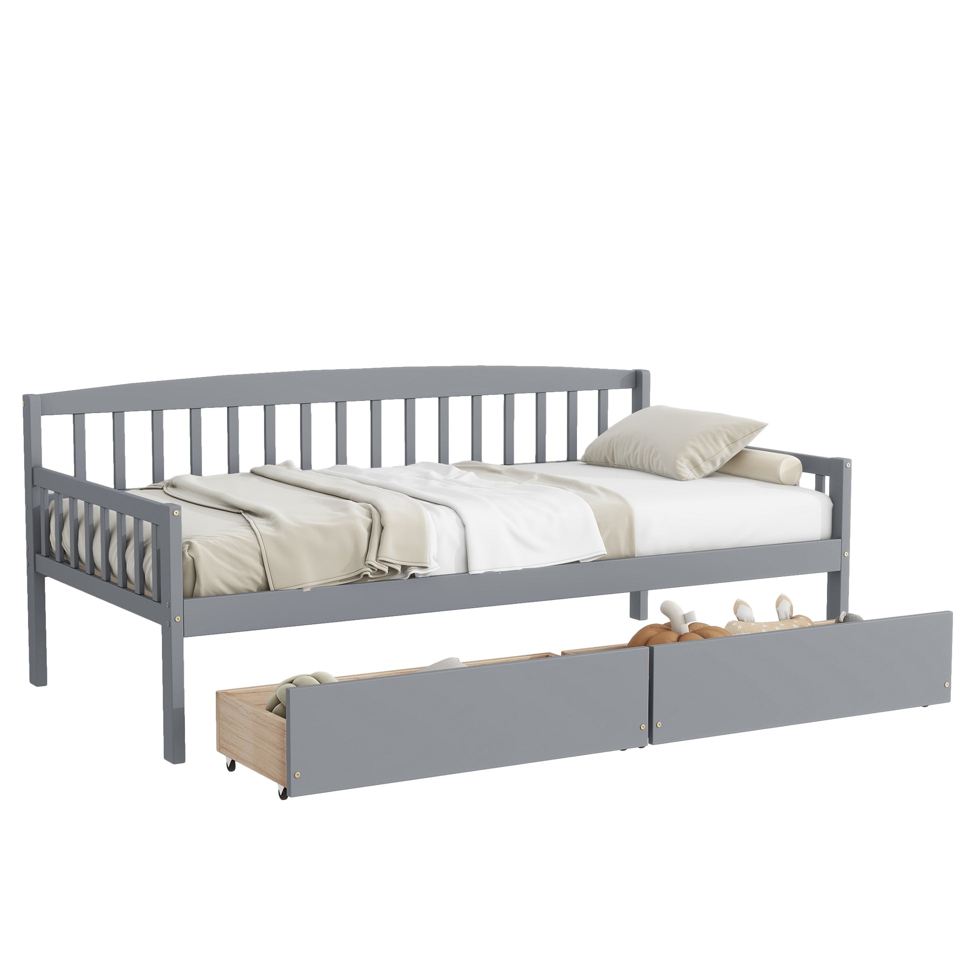 Twin Size Pine Wood Daybed With Two Storage Drawers, Sofa Bed With Bed Platform Of 10 Support Slats,Grey Twin Grey Pine