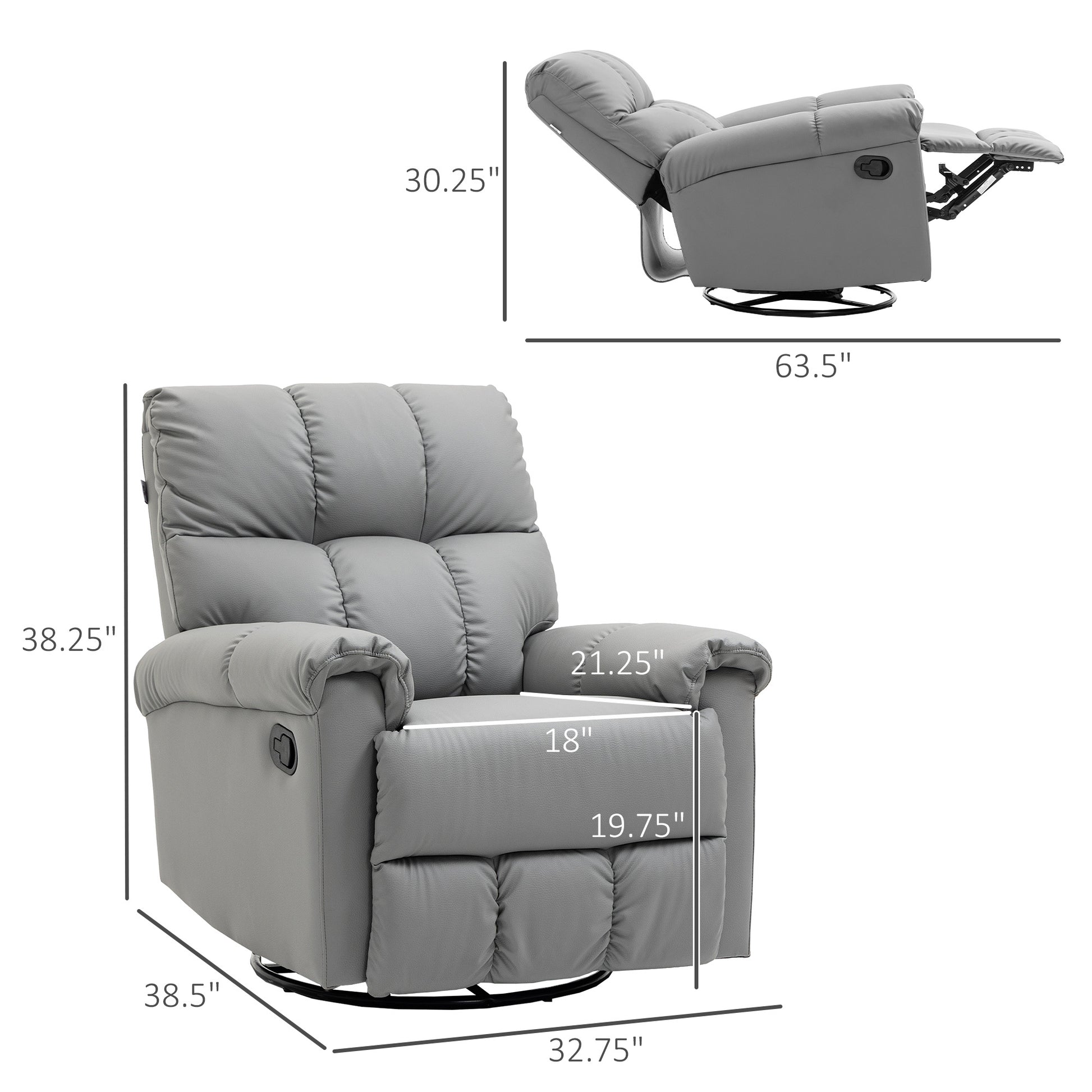 Homcom Rocker Recliner Chair With Overstuffed Back And Seat, Faux Leather Manual Reclining Chair With Footrest And 360 Swivel Rotation Base For Living Room, Gray Gray Polyester