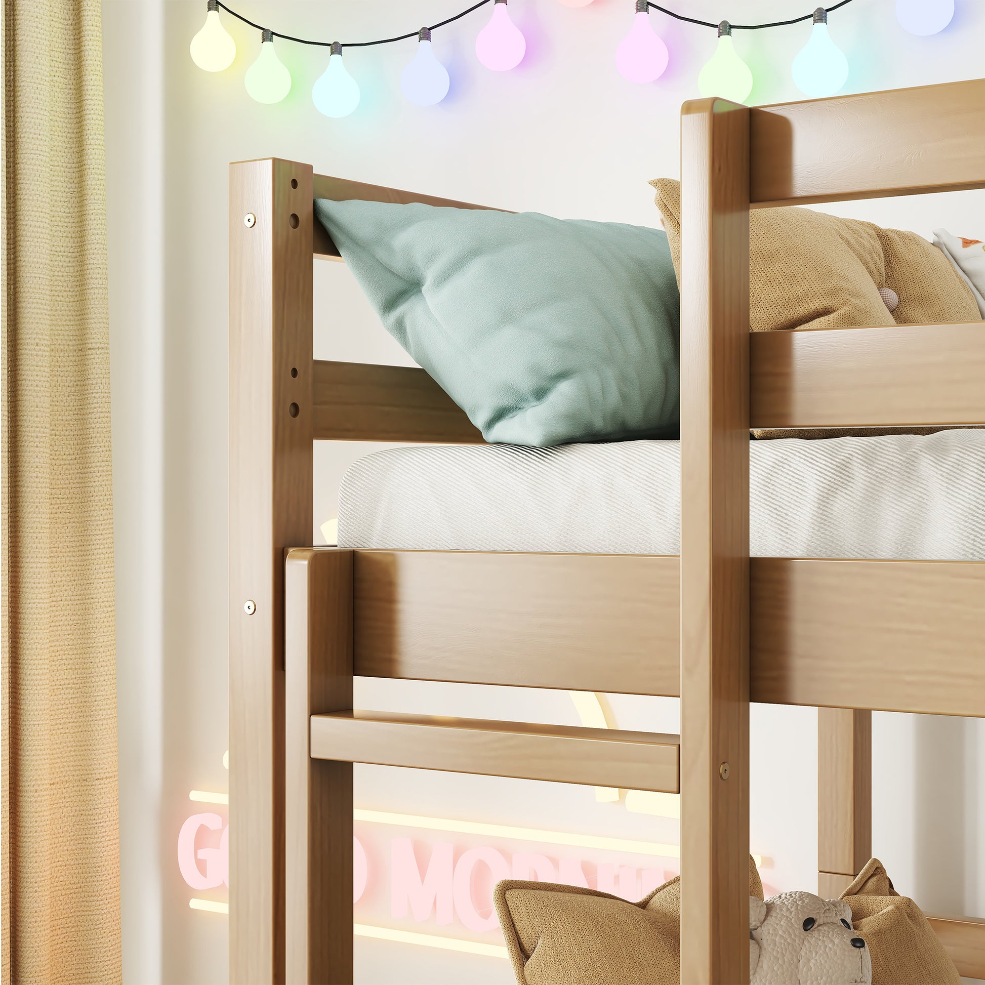 Triple Rubber Wood Bunk Bed With Two Built In Ladders, Guardrails, Twin Over Twin Over Twin, Detachable Triple Twin Bunk Bed,White Oak Twin White Oak Bedroom American Design Bed Frame Rubber Wood