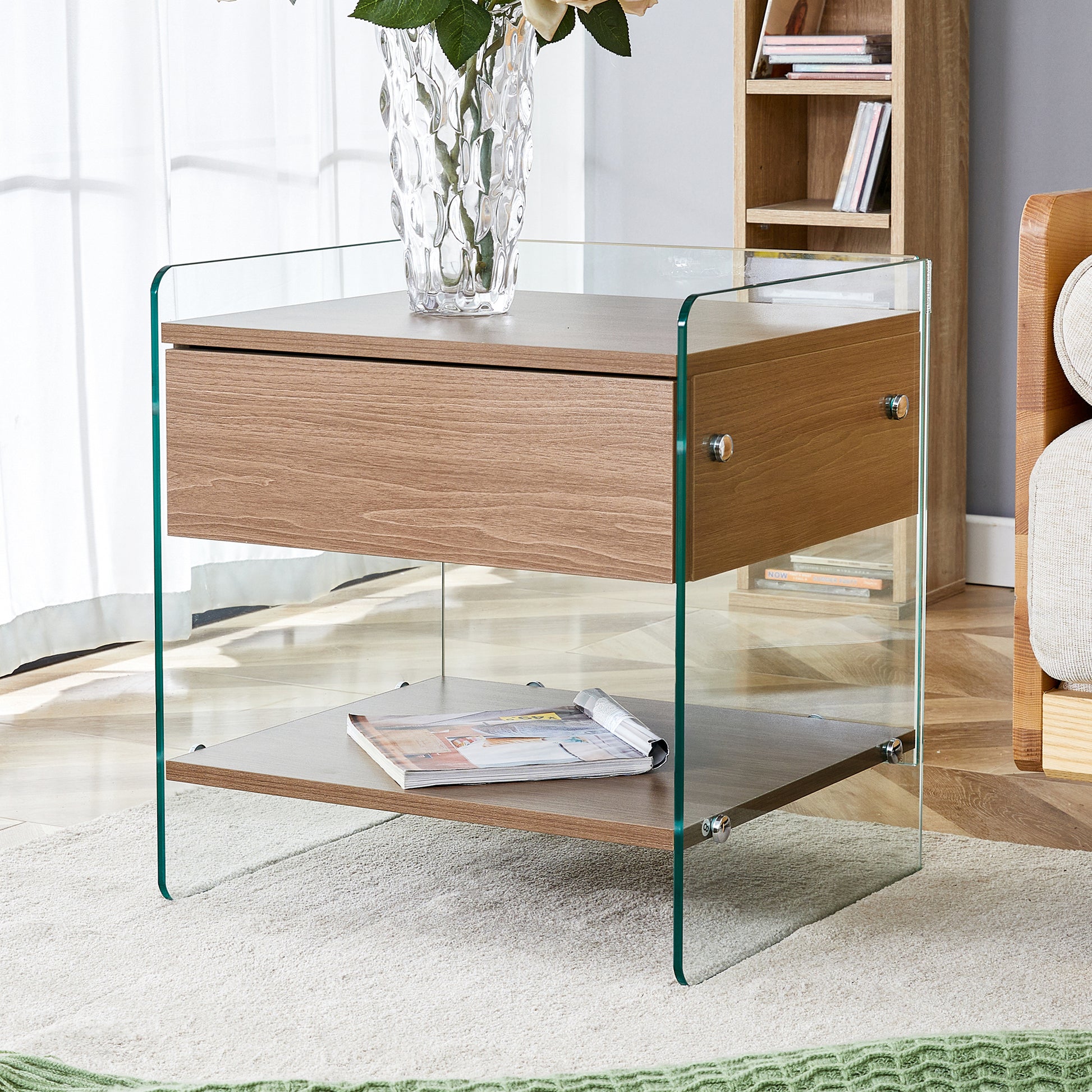 Bedside Table With Drawers. The Board Surface Is Mdf Sticker, And Both Sides Are Transparent Tempered Glass. The Design Is Simple And Elegant, With Excellent Storage Functions. Wood 1 Drawer Mdf Glass