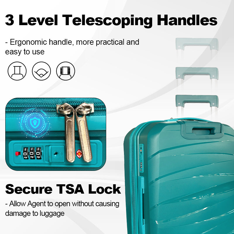 Hard Shell Luggage, 3 Piece Set, With Tsa Lock, 20 Inches 24 Inches 28 Inches Antique Green Polypropylene