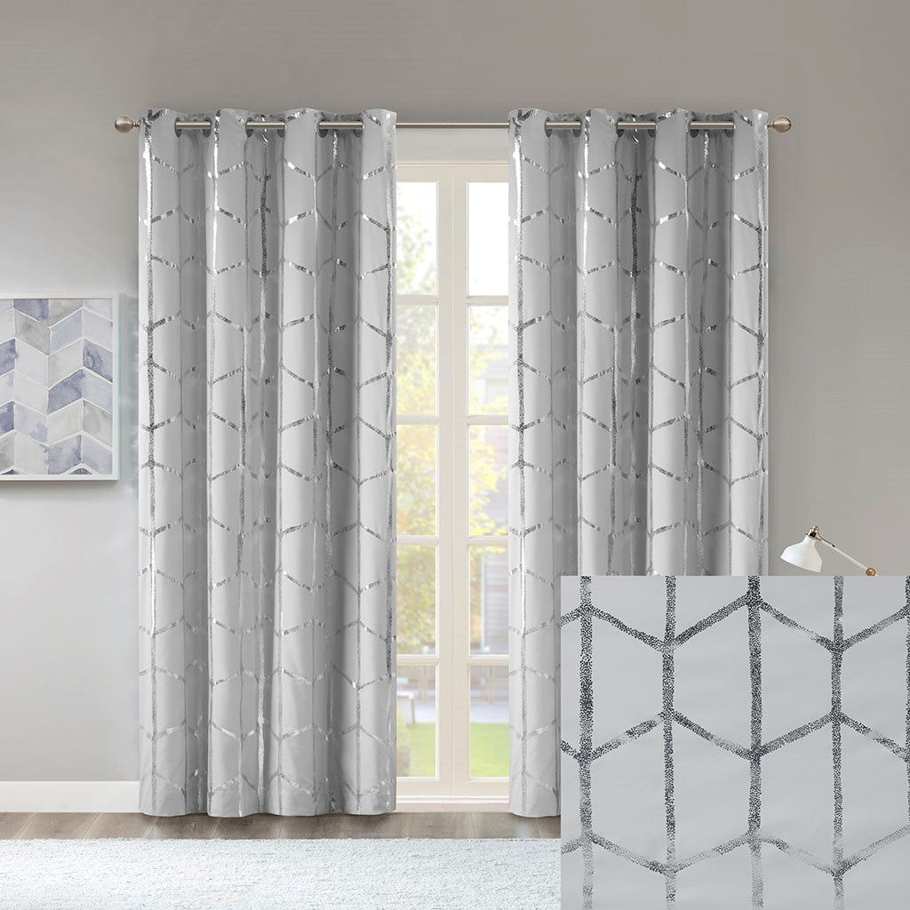 Total Blackout Metallic Print Grommet Top Curtain Panel Pair 2 Pcs Window Panels Grey Silver Microfiber