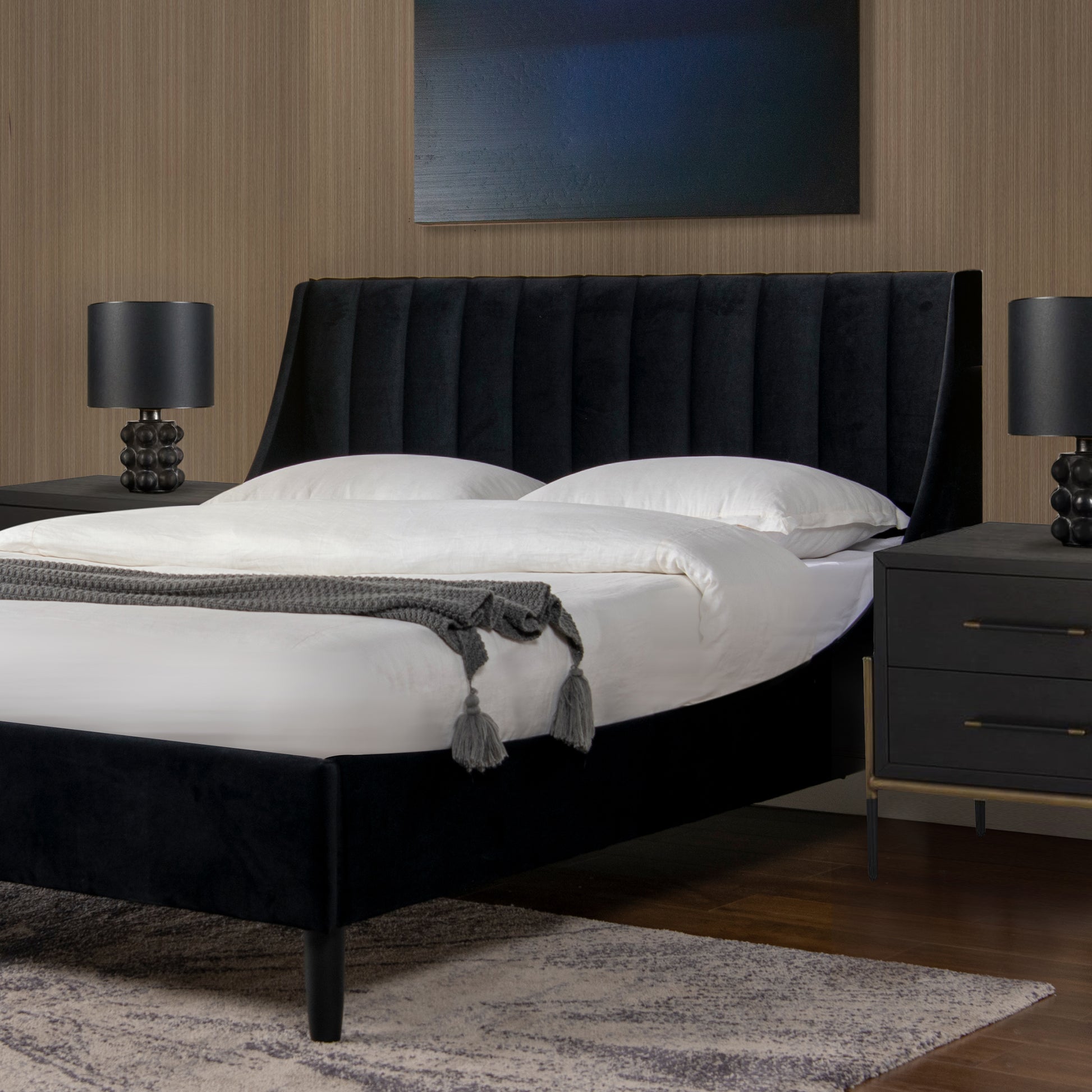 Aspen Vertical Tufted Headboard Platform Bed Set, Queen, Anthracite Black Velvet Box Spring Not Required Queen Anthracite Wood Foam Velvet Velvet