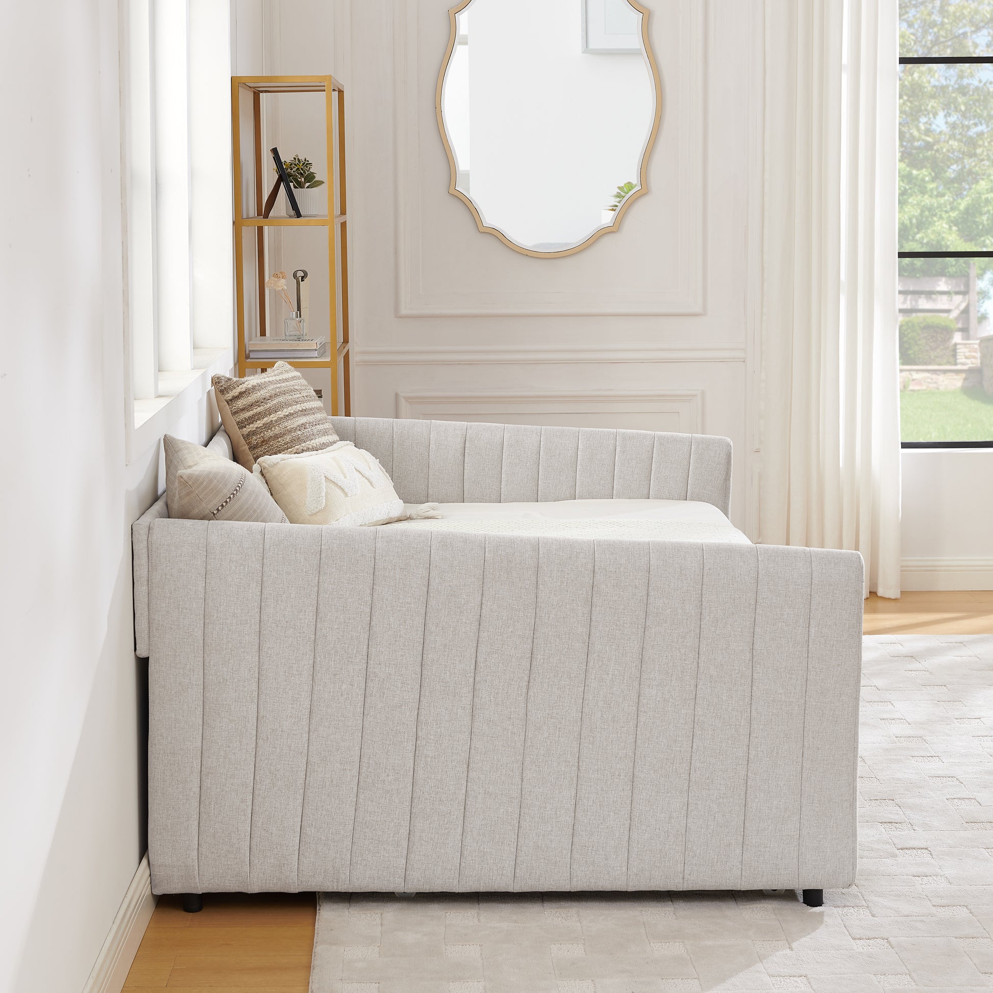 Full Size Daybed With Trundle Upholstered Sofa Bed, With Vertical Stripes, Linen Fabric, Beige 82.5"X58"X30" Beige Linen