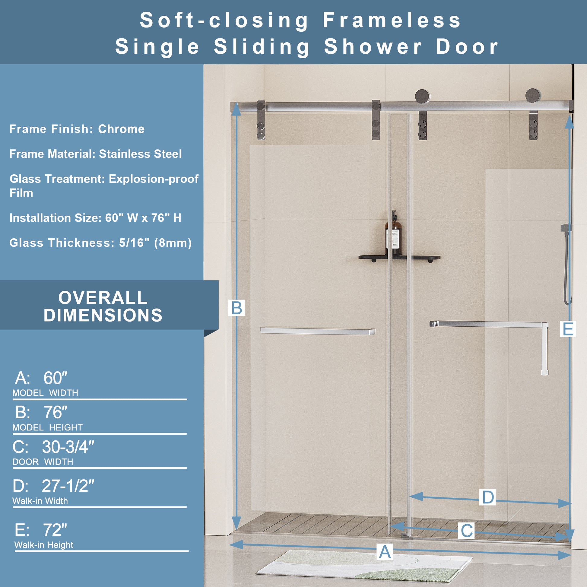 60" W X 76" H Frameless Soft Closing Shower Door, Single Sliding Shower Door, 5 16" 8Mm Clear Tempered Glass Shower Door Explosion Proof Film, Stainless Steel Hardware, Chrome 24D211 60C Combo Chrome Bathroom Tempered Glass