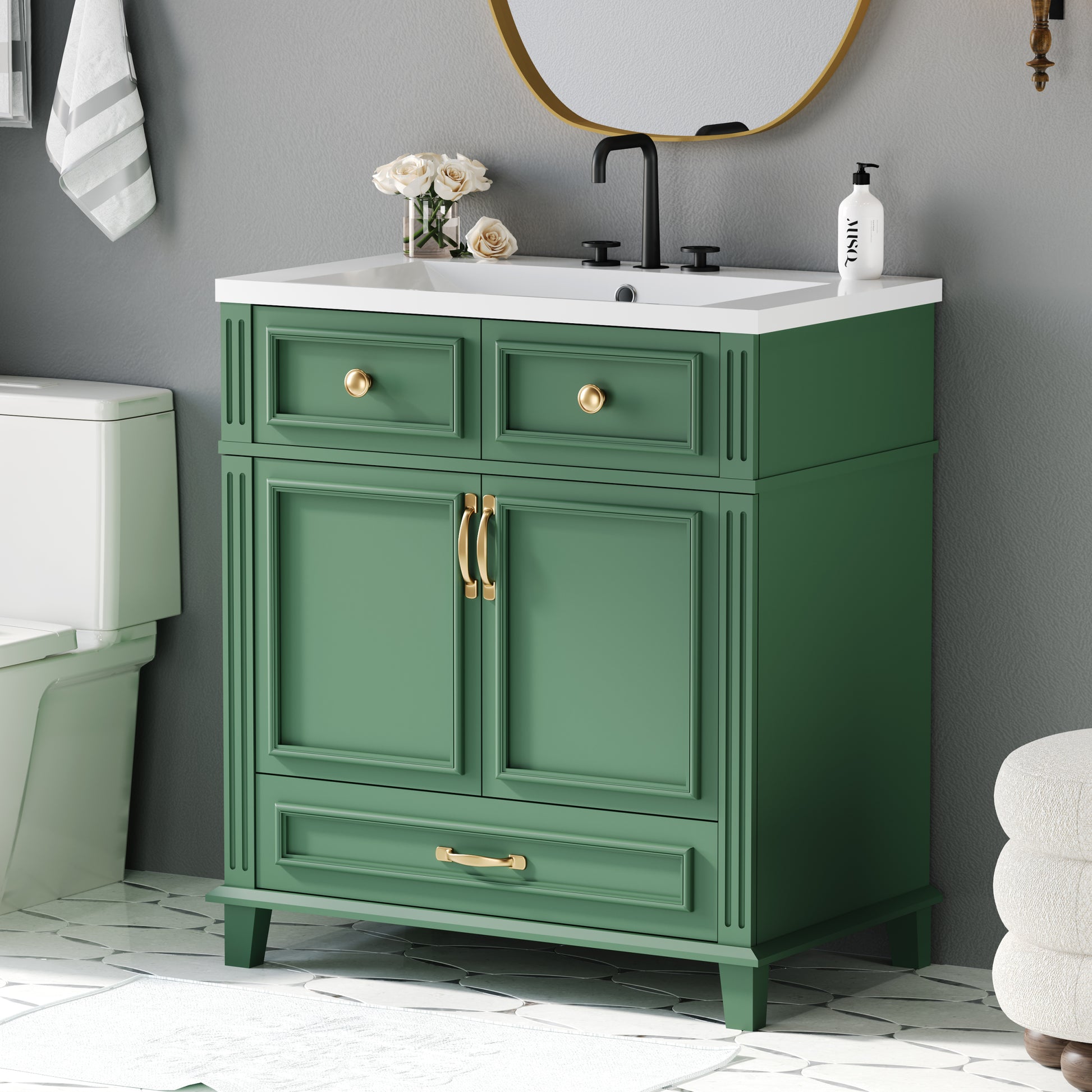 30'' Bathroom Vanity Without Top,Solid Wood Frame Bathroom Storage Cabinet With Soft Closing Doors,Frame Bathroom Storage Cabinet Only, Retro Style, Green 1 Green 2 Bathroom Freestanding Modern Solid Wood Mdf Resin Painted