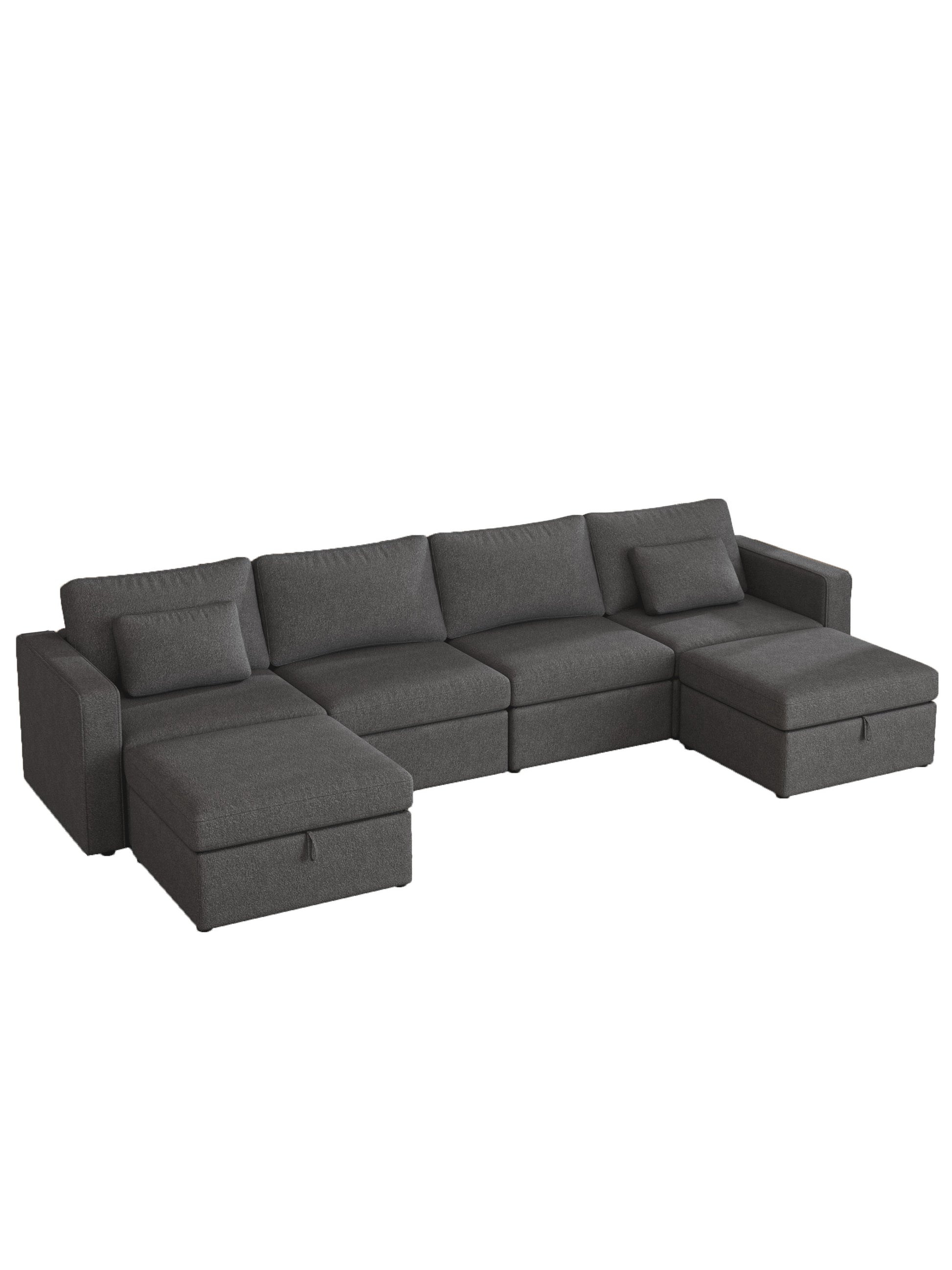 Modern Cotton Linen U Shape Sectional Sofa, Oversized Upholstery Sectional Sofa, Chaise Couch With Storage Ottomans For Living Room Loft Apartment Office Dark Gray 6 Seats Gray Wood Primary Living Space Medium Duty Pine 6 Seat Dark Gray Linen Medium Soft