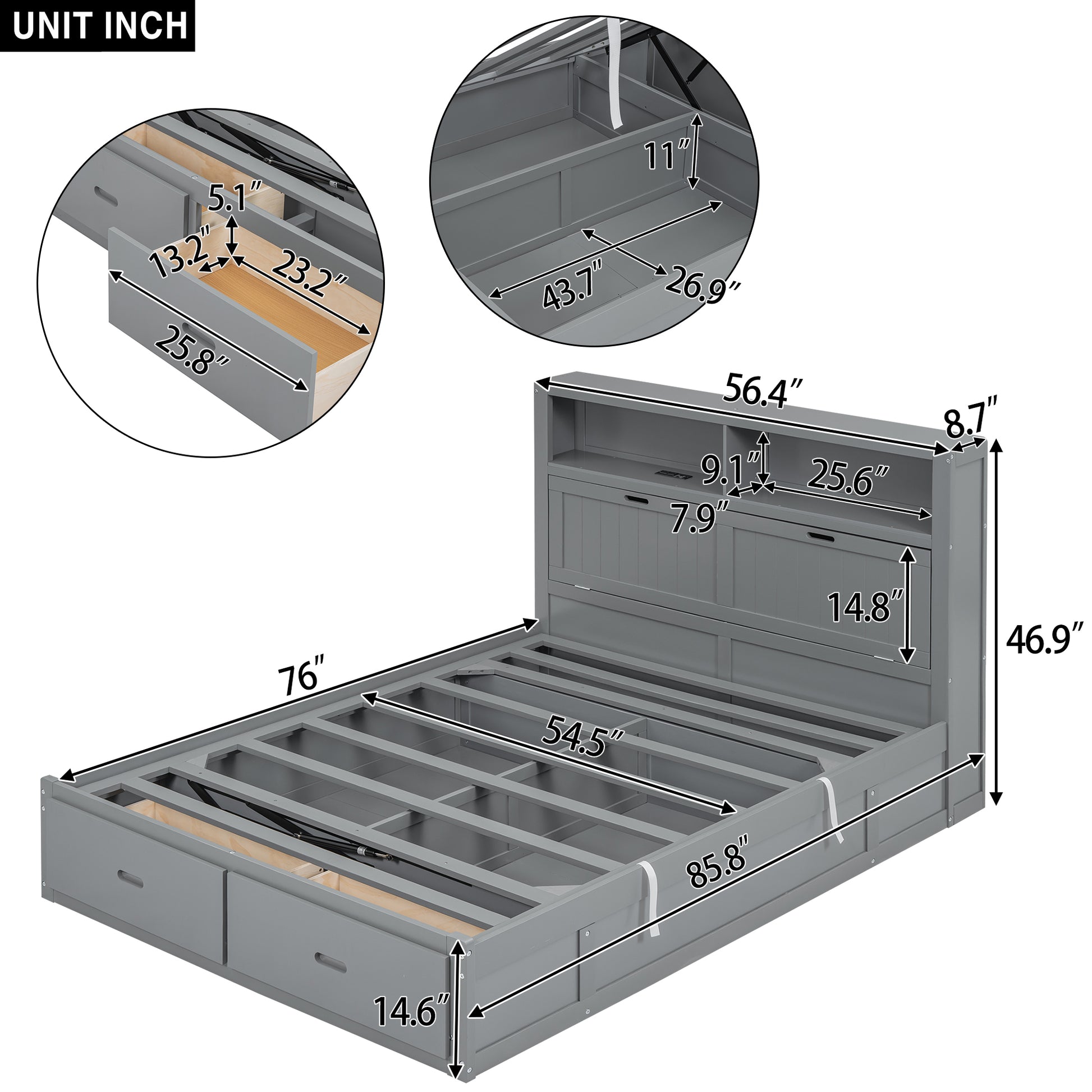 Wood Full Size Hydraulic Platform Bed With Storage Led Headboard, Charging Station And 2 Drawers, Gray Box Spring Not Required Full Gray Wood Bedroom Bed Frame Solid Wood Mdf