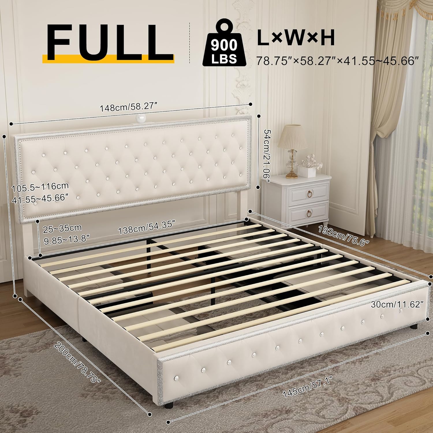 Queen Size Bed Frame With 4 Drawers, Star Galaxy Projector, Usb Charger, Music Speaker, Adjustable Upholstered Headboard With Diamond Button,Velvet Cream Mdf Metal